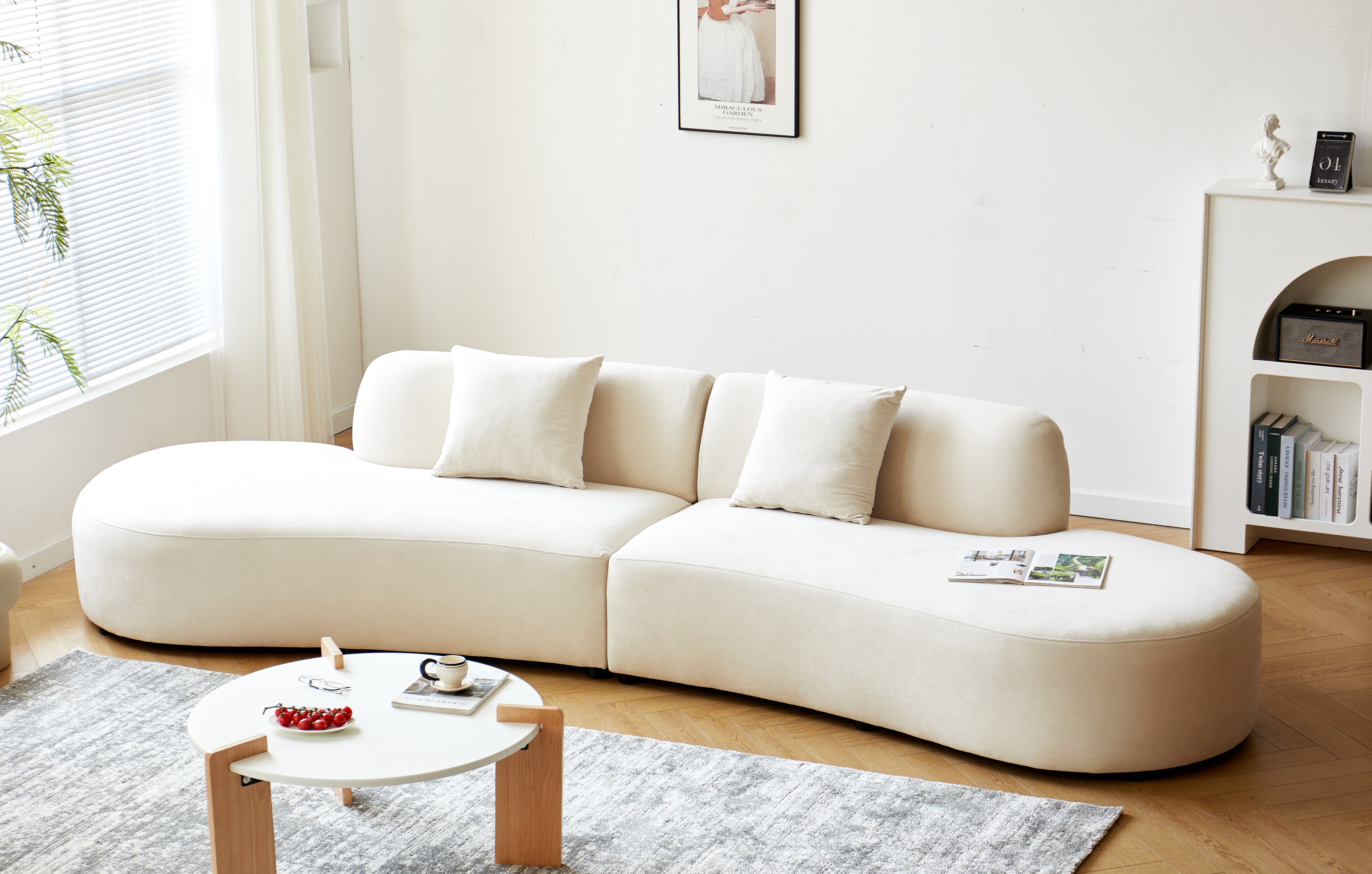 132   Curved Sofa With Throw Pillows, 6 Seater Luxury Velvet Couch With Half Moon Design And High-Density Foam, Ideal For Modern Living Room, Office & Apartment, Ivory