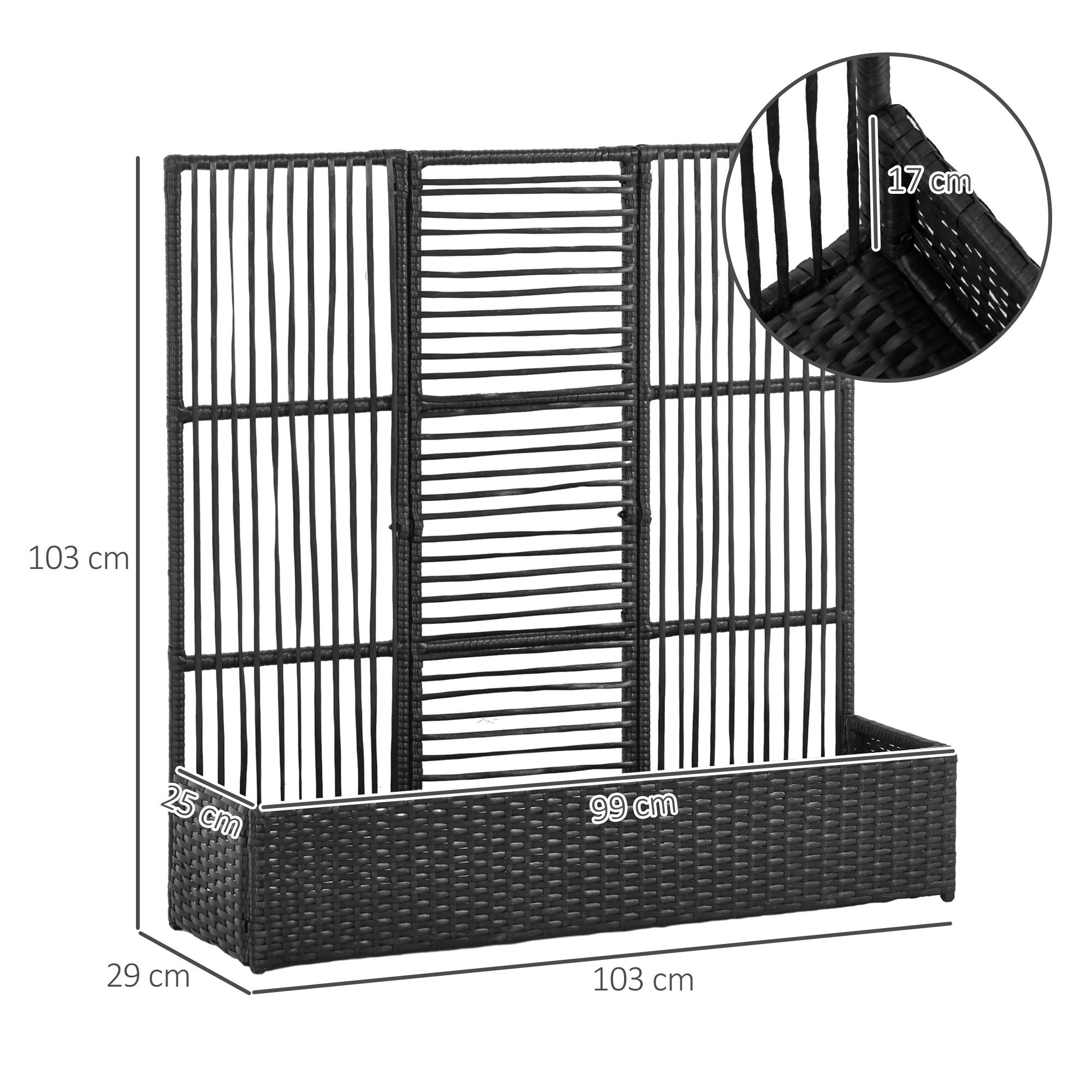 Blumenkasten Mit Spalier, Wetterfest, Polyrattan, 103 X 29 X 103 Cm, Schwarz