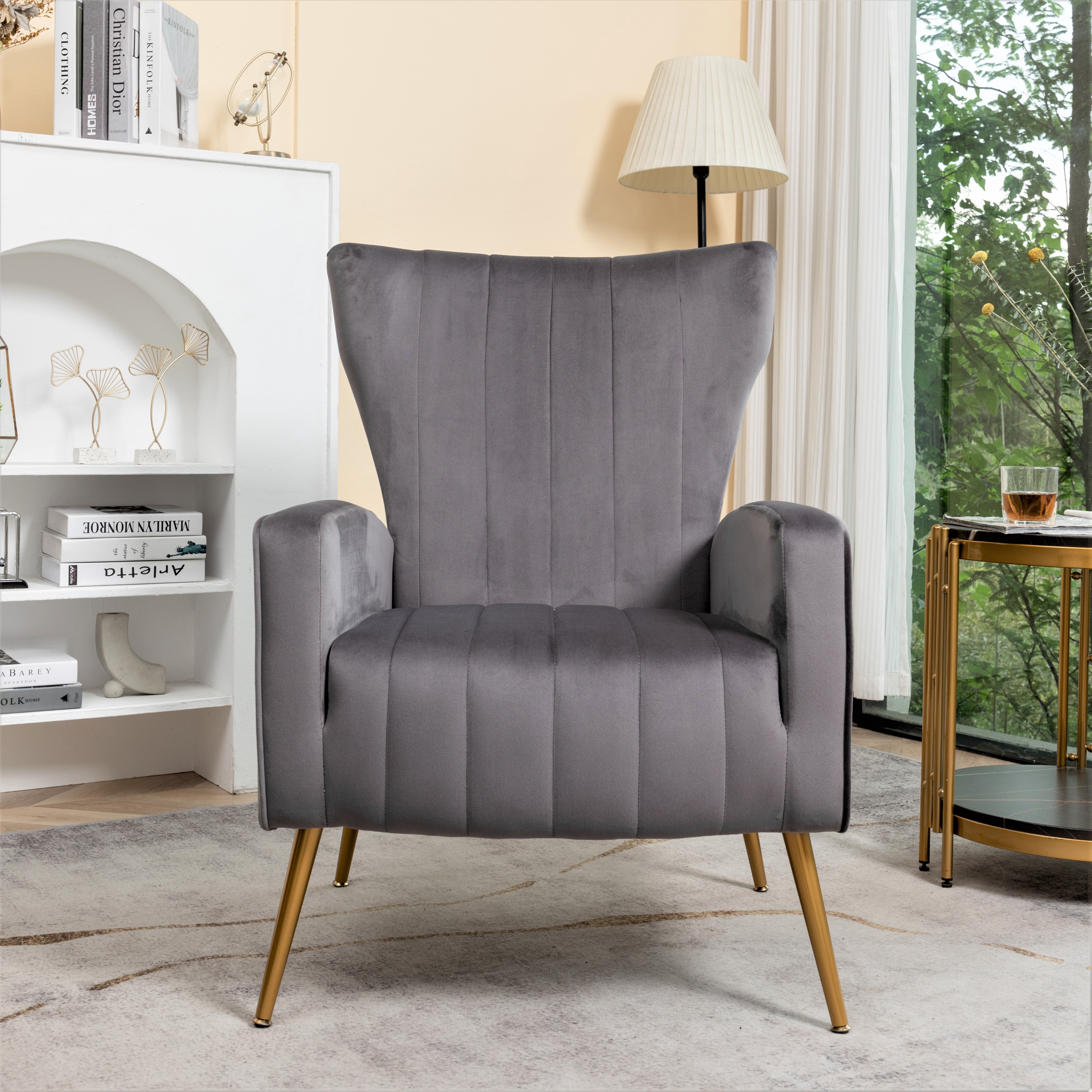 Velvet Accent Chair With Metal Legs, Modern Upholstered Armchair, Wingback Side Chair For Living Room Bedroom Small Spaces