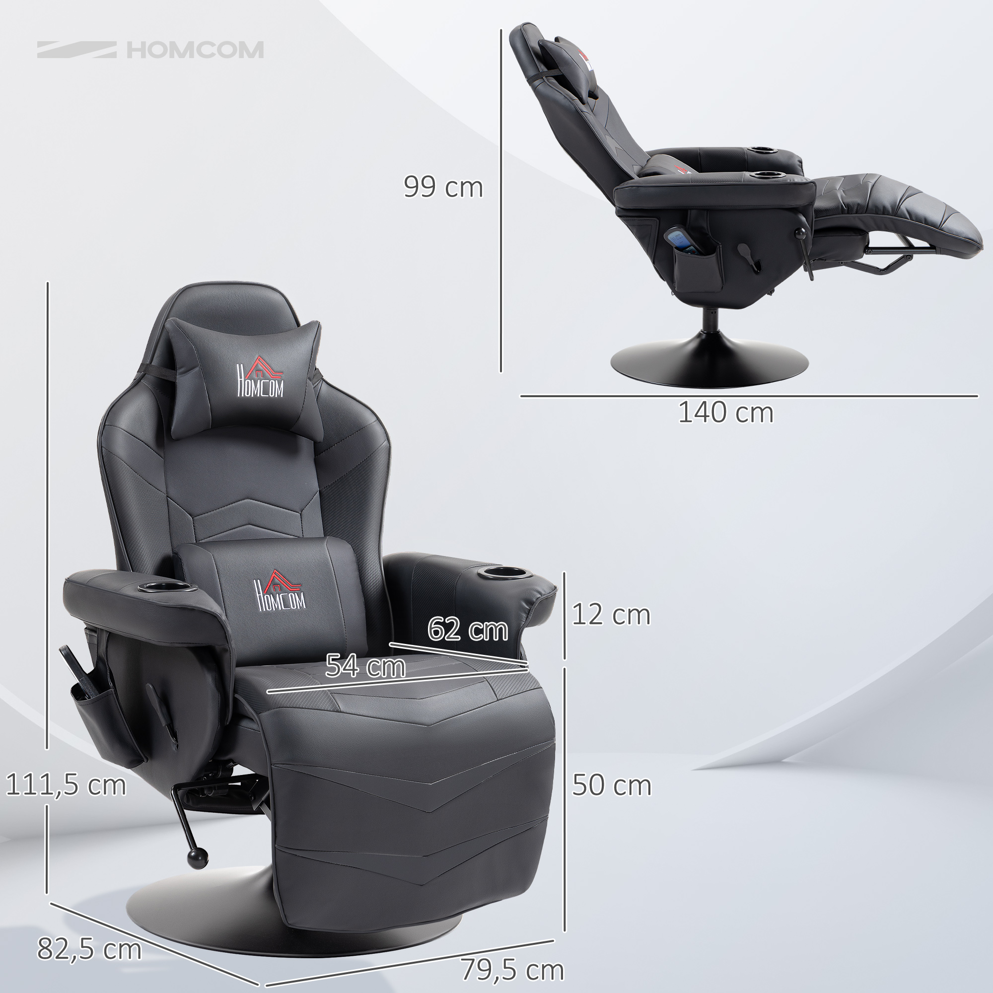 Gamingsessel, Massagefunktion, Neigbare Lehne, Fußstütze, Bis 120 Kg, Stahlrahmen, Kunstleder, Schwarz