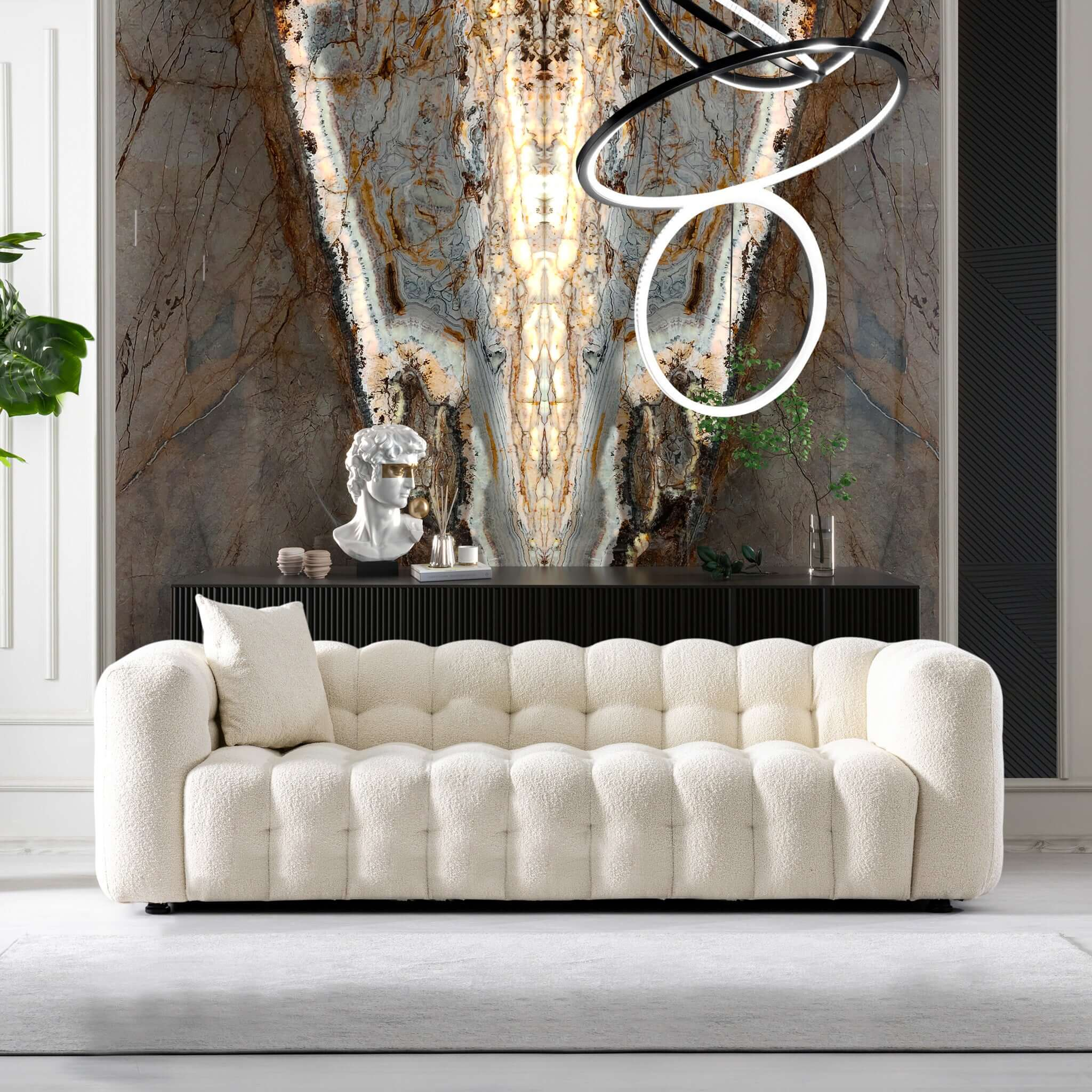 Eden Modern Tufted Chesterfield Boucle Fabric Sofa In Cream, Luxurious And Comfortable Living Room Furniture 33  H X 86.6  W X 37.4  D For Living Room