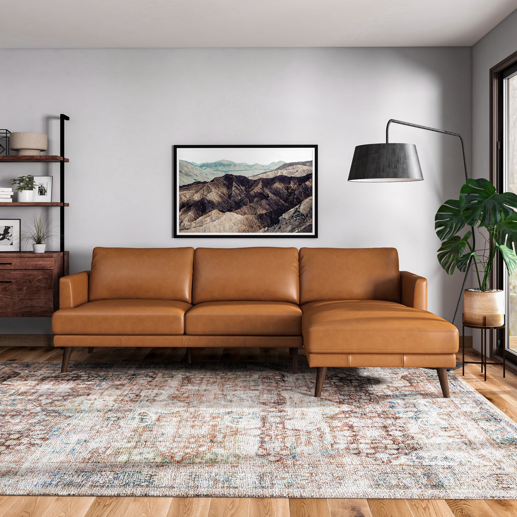 Lore L-Shaped Genuine Leather Sectional In Tan Right Facing