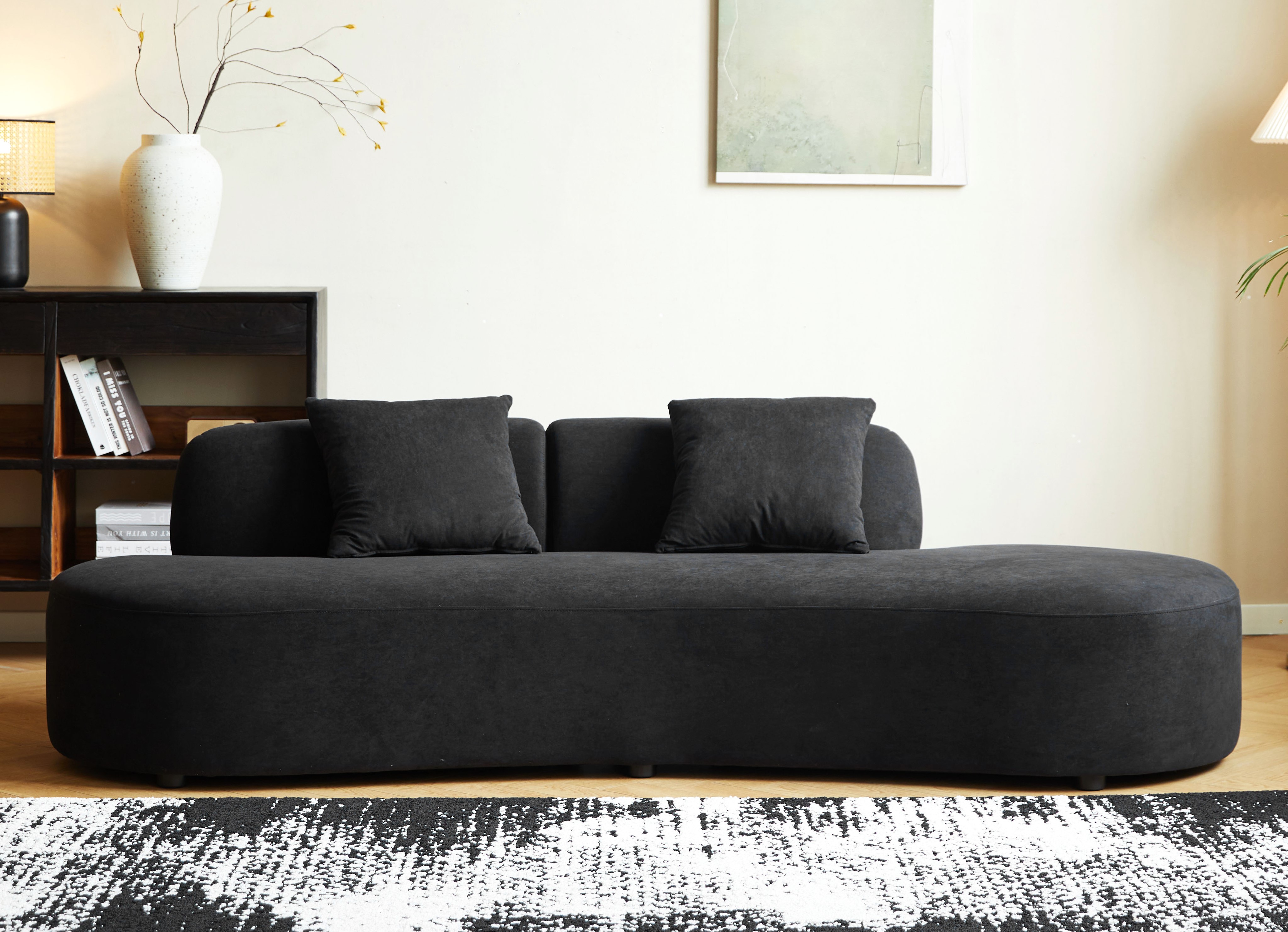 90   Curved Sofa With Throw Pillows, 4 Seater Luxury Velvet Couch With Half Moon Design And High-Density Foam, Ideal For Modern Living Room, Office & Apartment, Black