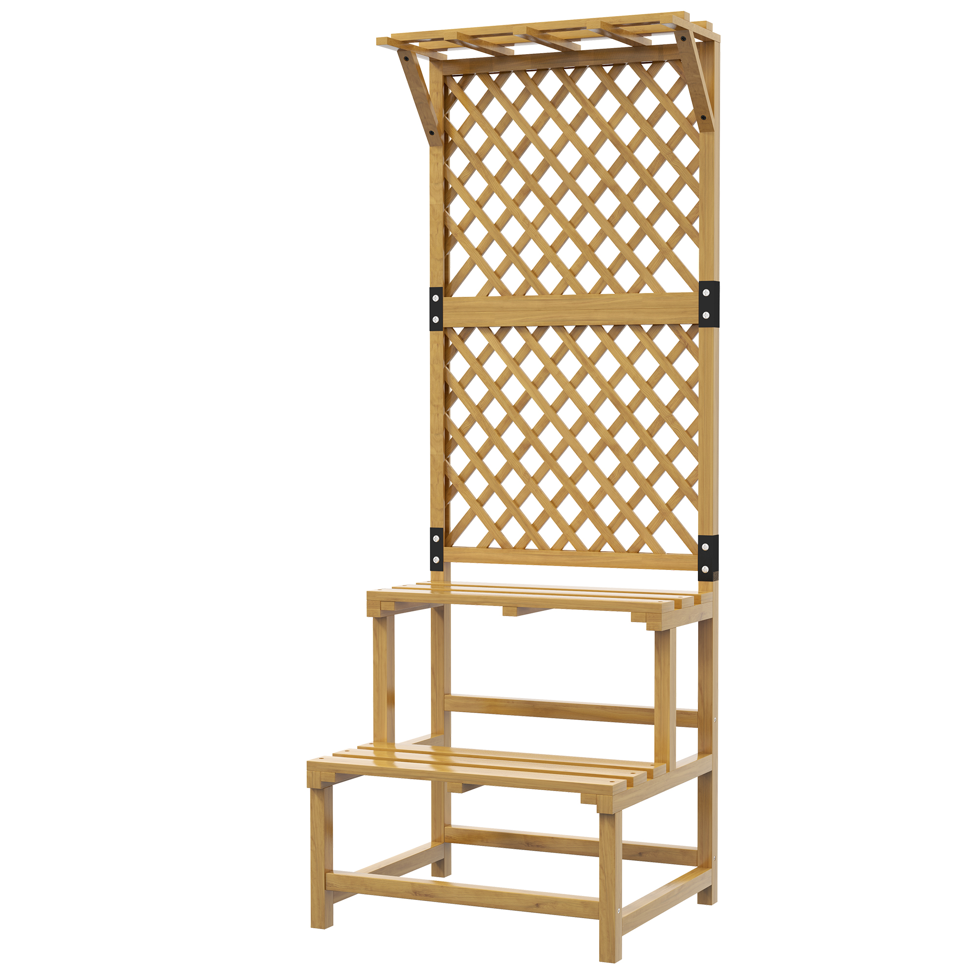 Pflanzenständer, Blumenregal, 2 Etagen, Mit Spalier & Dach, Tannenholz, 60x50x166cm, Gelb