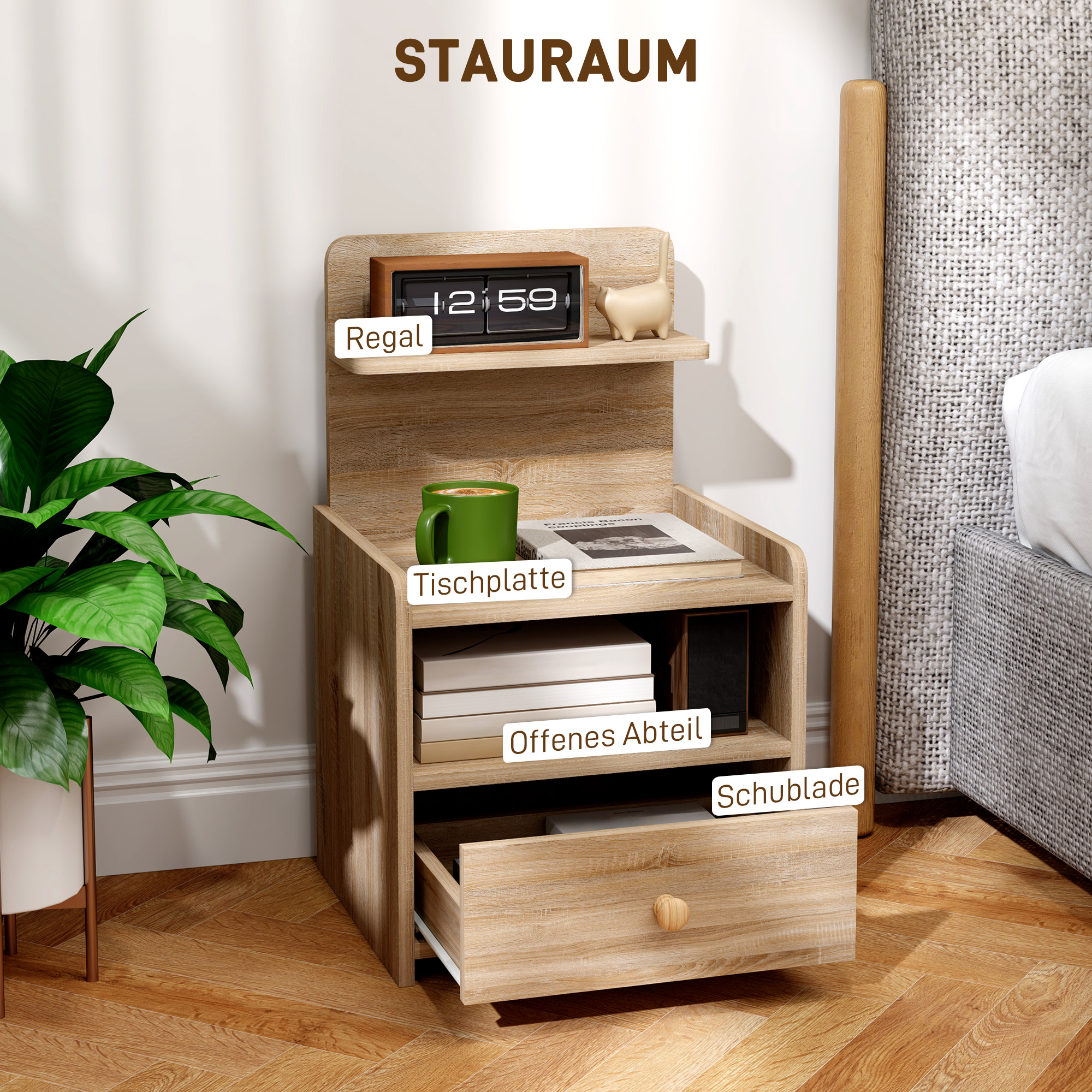 Beistelltisch, Nachttisch Mit Stauraum, Spanplatte, Kippsicher, Modern, Naturholz