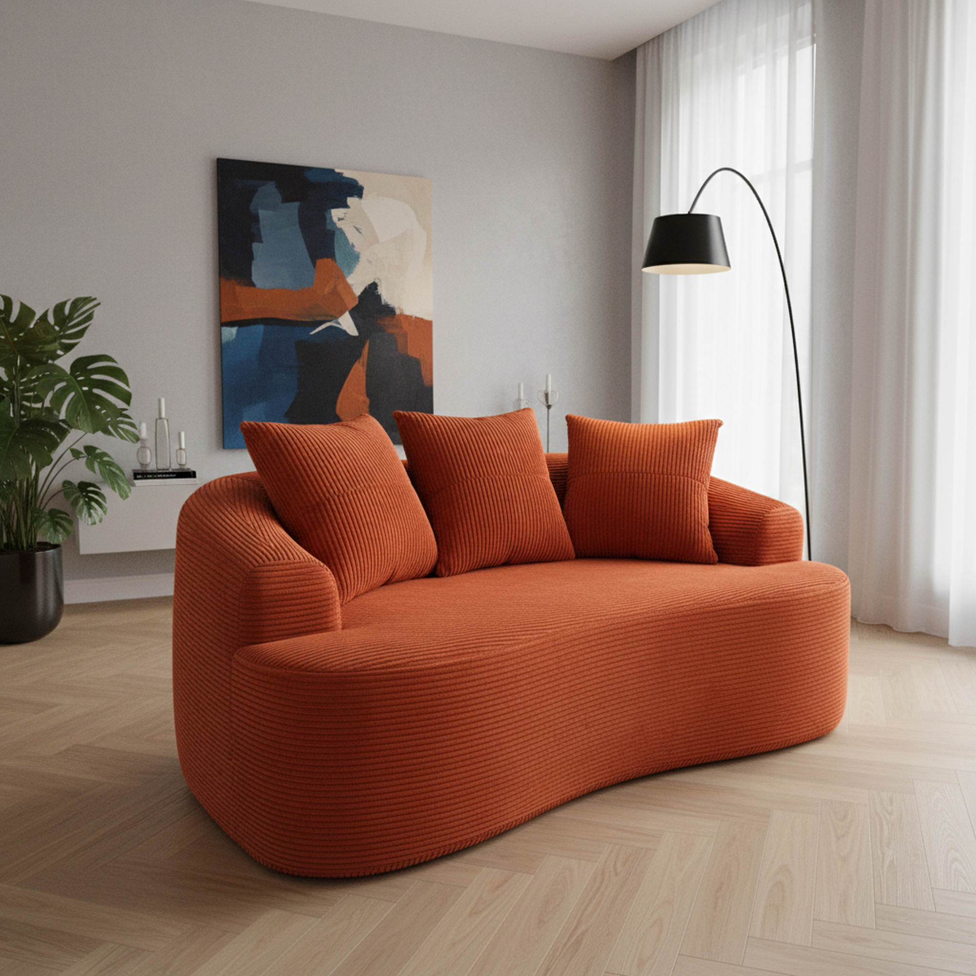 65.35   Curved Loveseat Sofa With Pocket Spring Cushions For Soft Seating, Small Space Couch With 3 Throw Pillows, No Assembly Needed, Red Orange