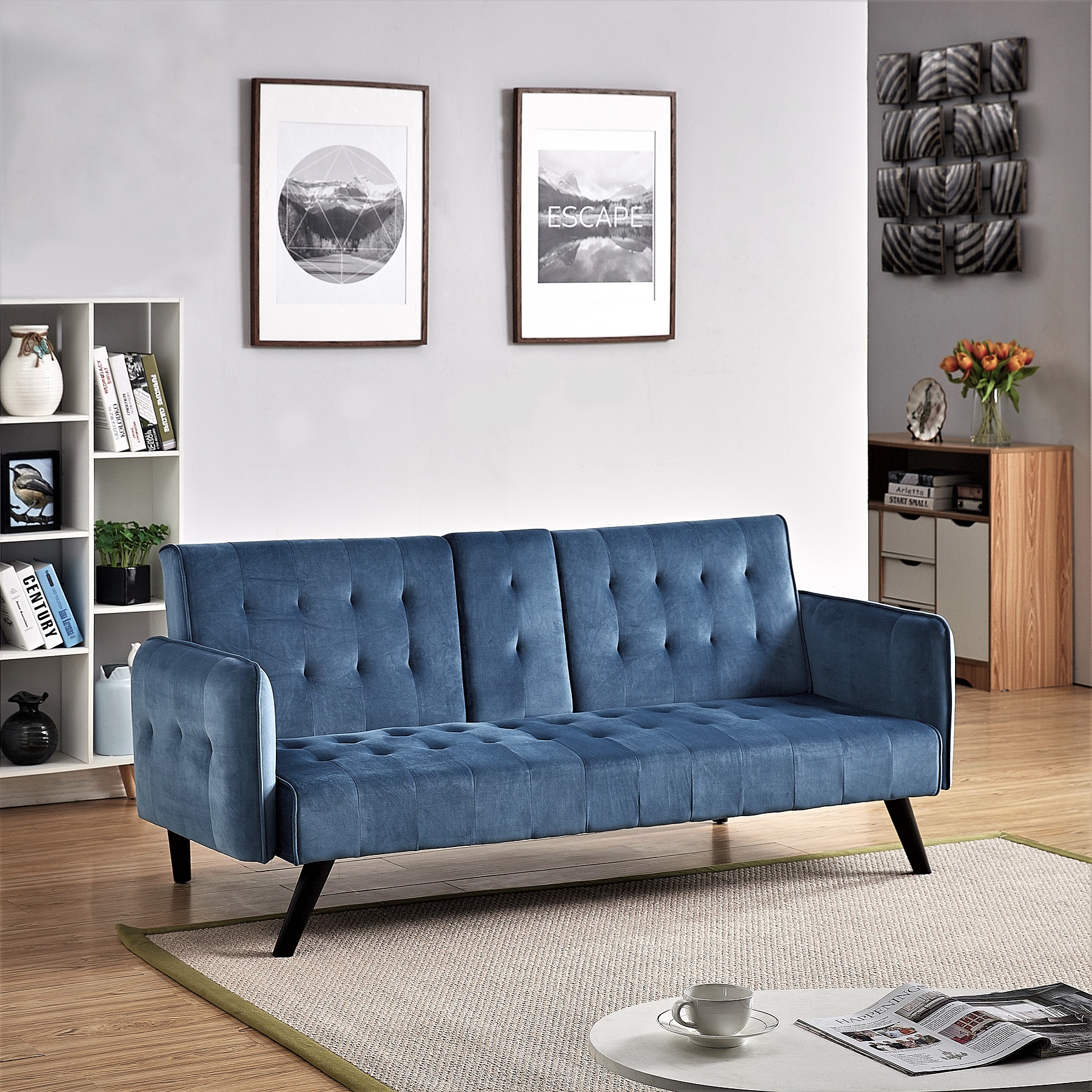 72   Velvet Convertible Sofa Bed With Cup Holders, Tufted Folding Futon Sleeper Couch, Mid-Century Modern 3 Seater For Small Spaces, 72   L X 34.6   D X 31   H,  Blue