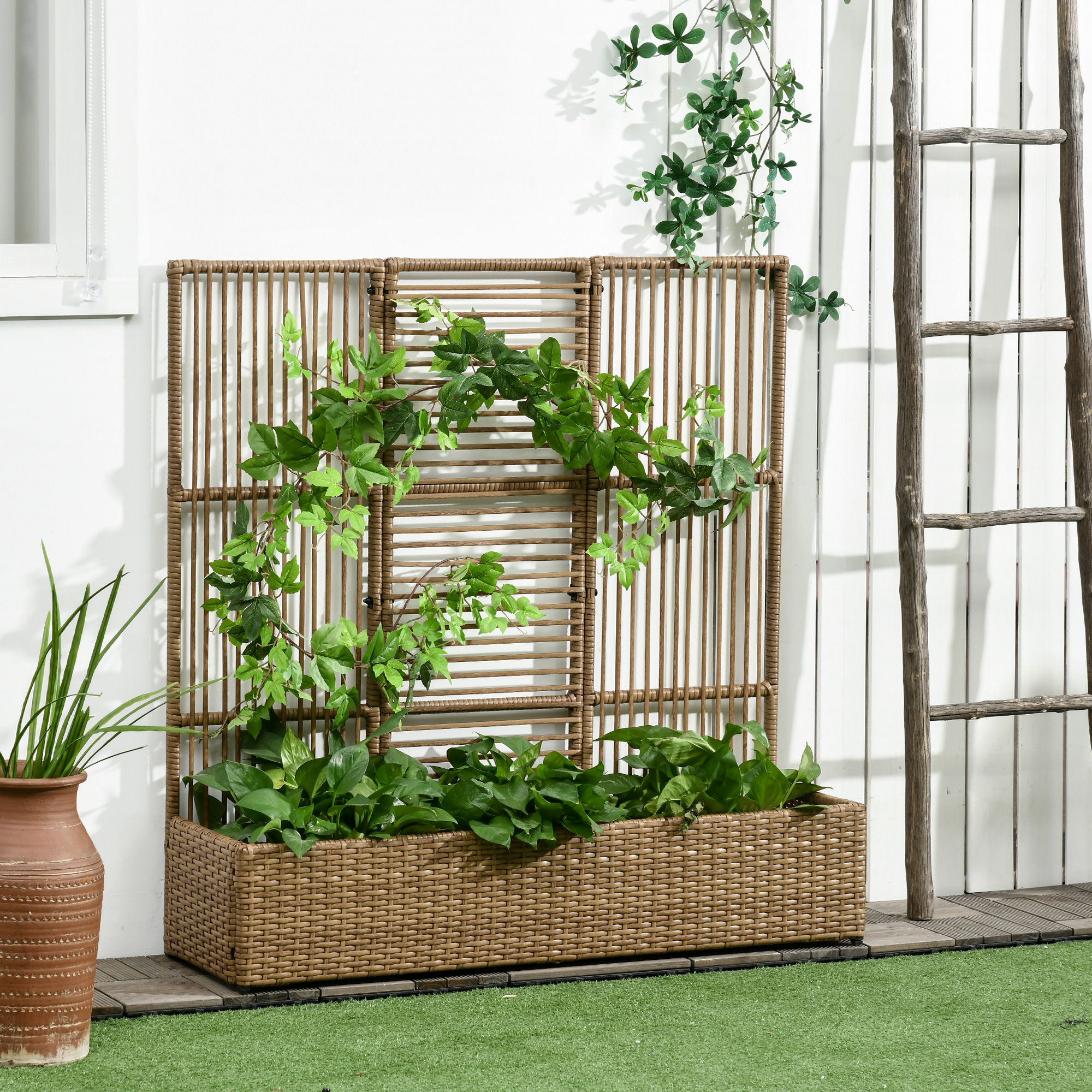 Blumenkasten Mit Spalier, Wetterfest, Polyrattan, 103 X 29 X 103 Cm, Sandfarbe