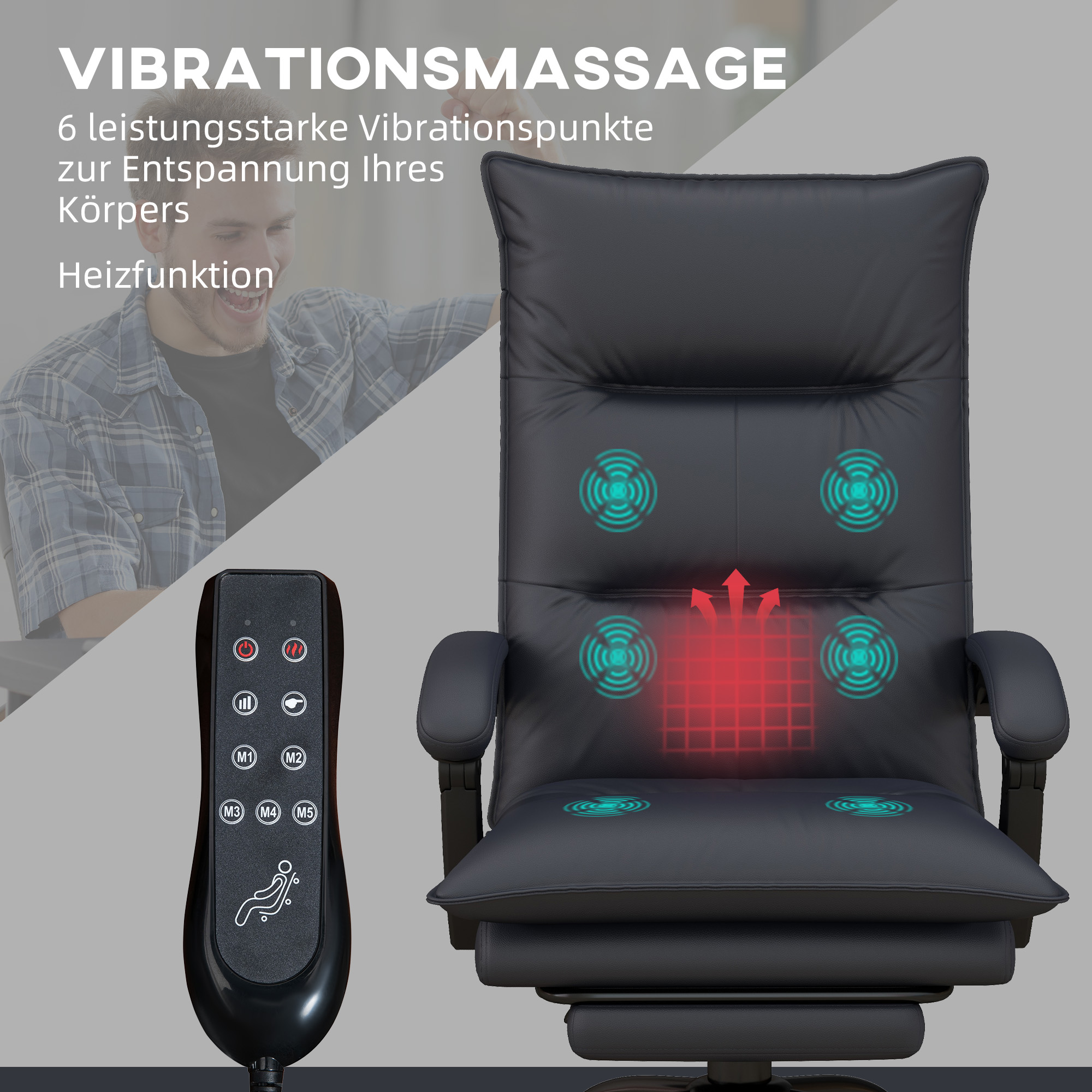 Bürostuhl Mit Massagefunktion & Heizfunktion, Fußstütze, Bis 120 Kg, Dunkelgrau