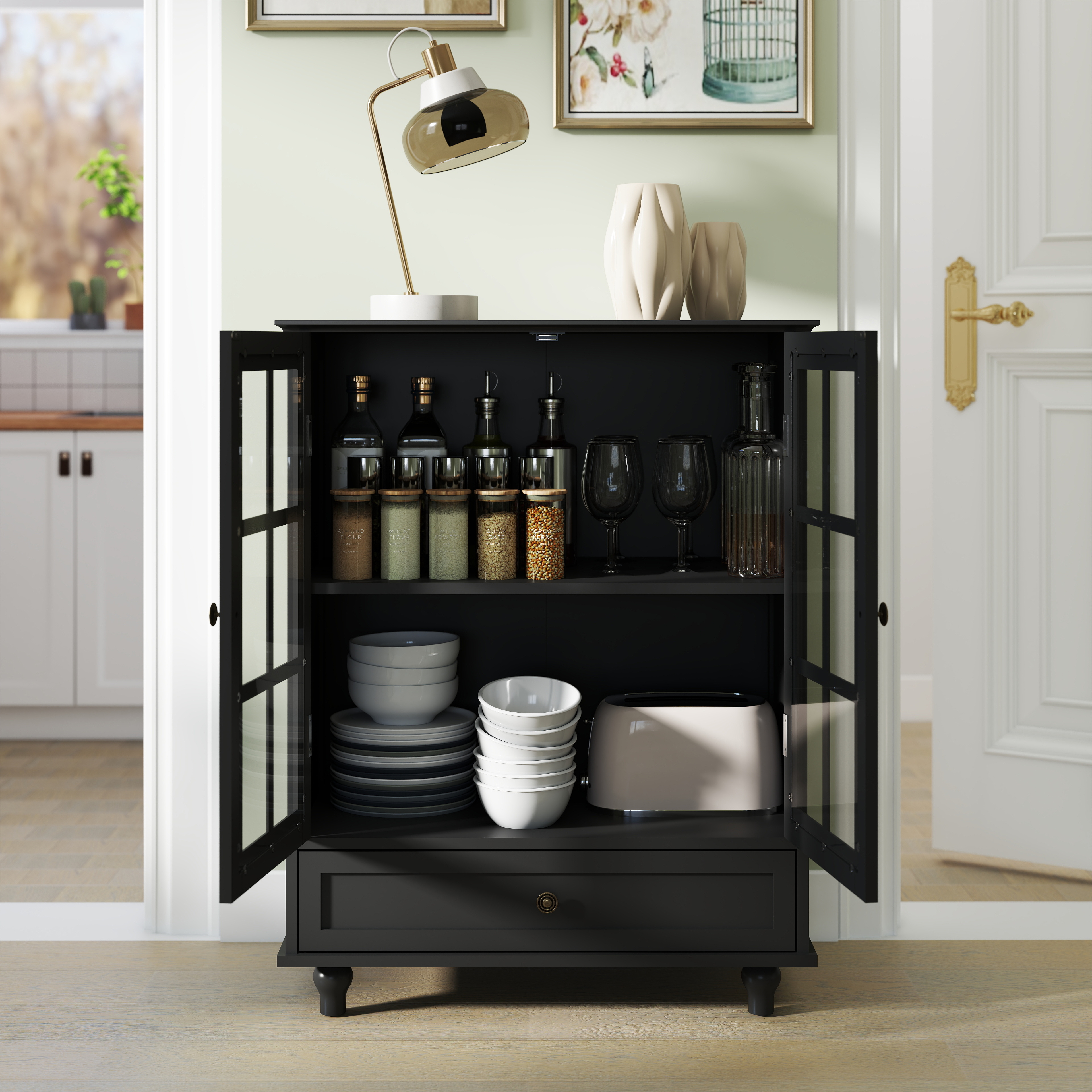 Black Buffet Cabinet with Glass Doors