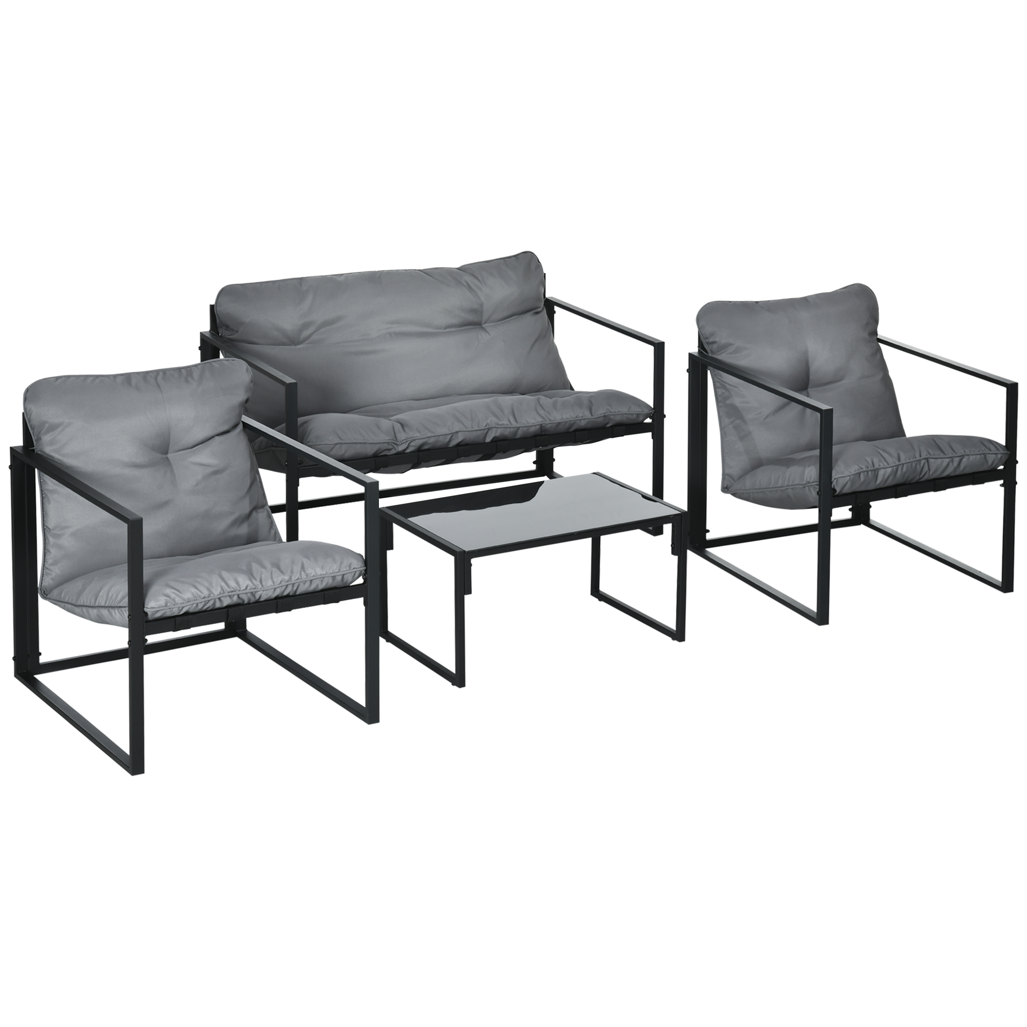 Gartenmöbel-Set, 1 Glastisch, 2 Sessel. 1 Sofa, Wetterbeständig,114 Cm X 70 Cm X 67 Cm, Grau+Schwarz