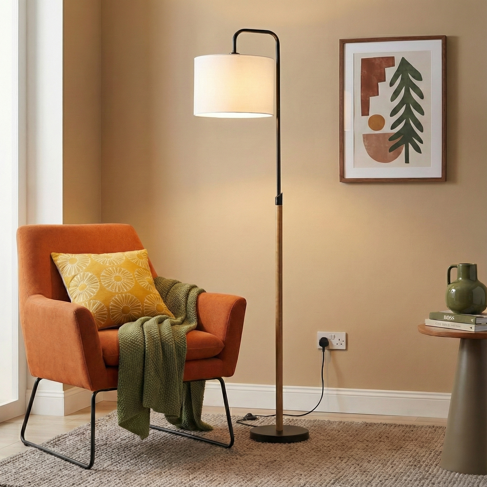 Floor Lamp With Cylinder Shade, Curved Standing Light For Living Room, Bedroom Reading Corner & Office Illumination, Lior Floor Lamp Wooden Pole 110V