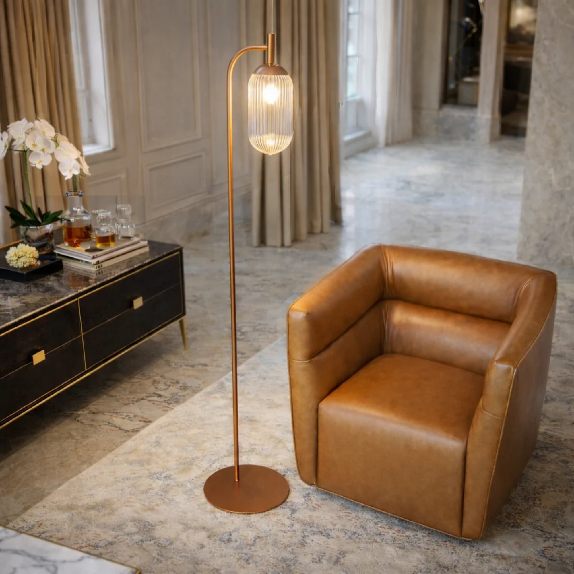 Classic Modern Floor Lamp, Upward Lighting Design For Living Room Ambience, Bedroom & Office Space Vela Floor Lamp Bronze And Clear 110-120V