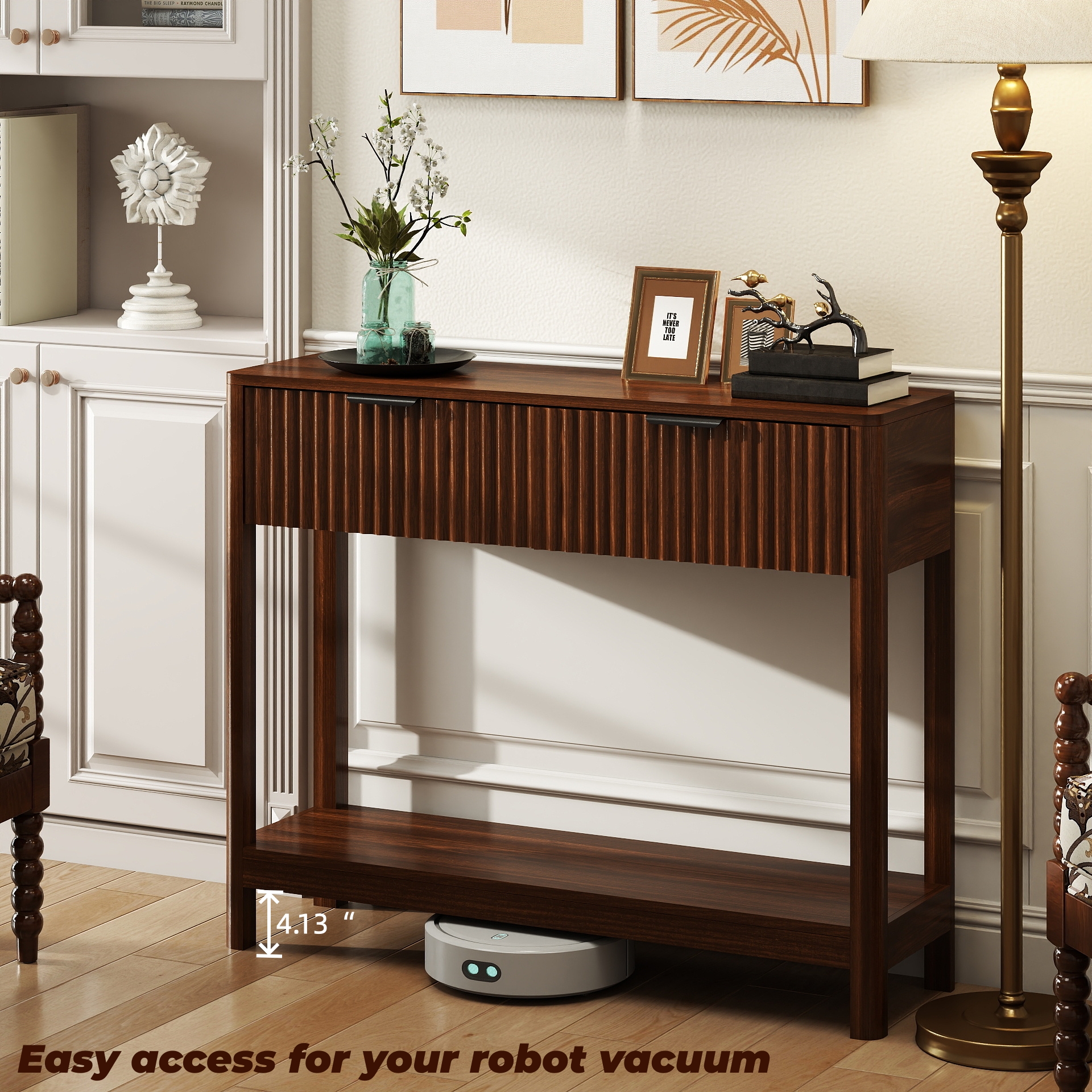 Mid-Century Modern Fluted Console Table With 2 Drawers & Open Shelf, Walnut Finish Narrow Entryway Table, Slim Sofa Table For Hallway, Living Room, Small Spaces, Easy Assembly