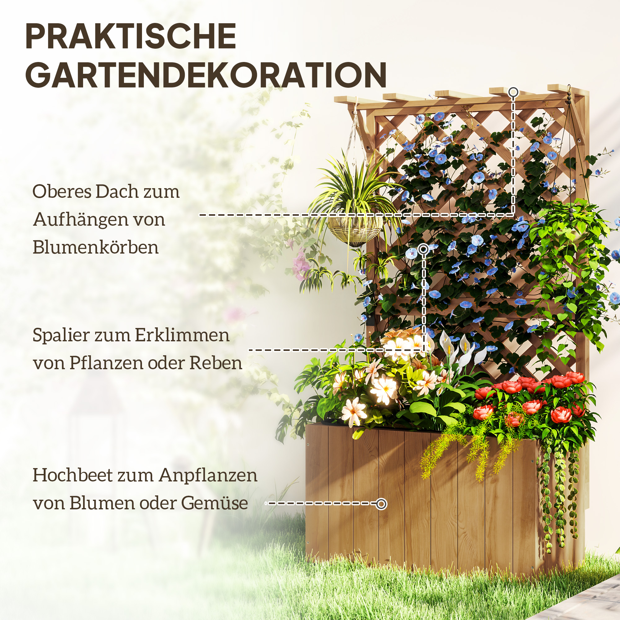 Hochbeet Pflanzkasten Mit Rankgitter, Spalier Pflanzkübel Blumenkasten Holz, Gartenspalier 64 X 33 X 122cm Naturholz