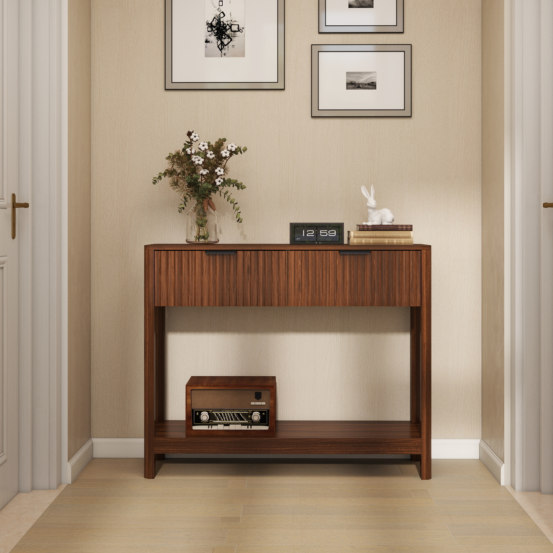 Mid-Century Modern Fluted Console Table With 2 Drawers & Open Shelf, Walnut Finish Narrow Entryway Table, Slim Sofa Table For Hallway, Living Room, Small Spaces, Easy Assembly