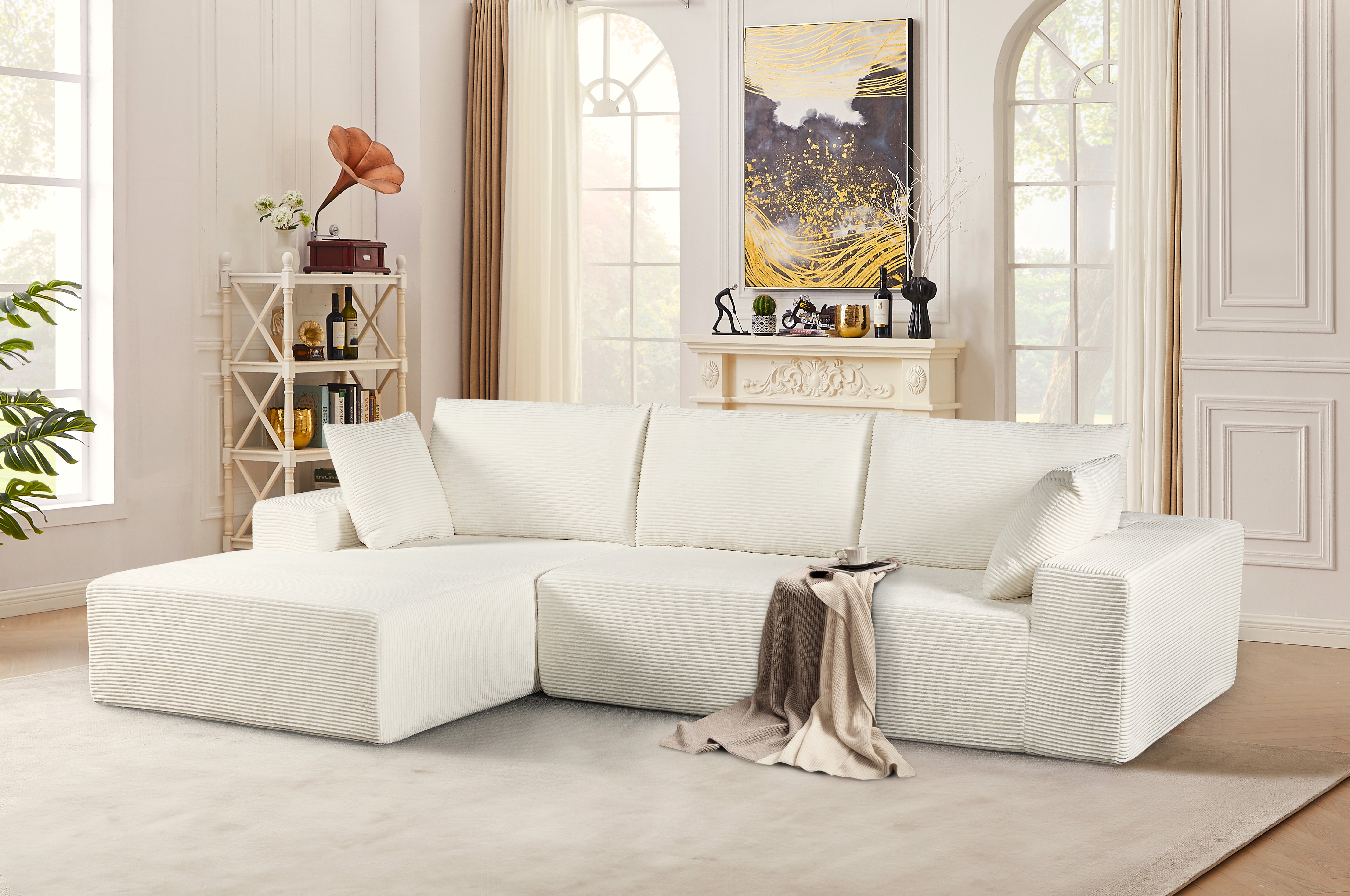 CozyForm Convertible Sectional Sofa In Soft Corduroy, Modern Comfy Couch With Full Foam Cushioning, Cozy Sleeper Sectional For Living Room, Bedroom, No Assembly Required, Ivory -Left Facing