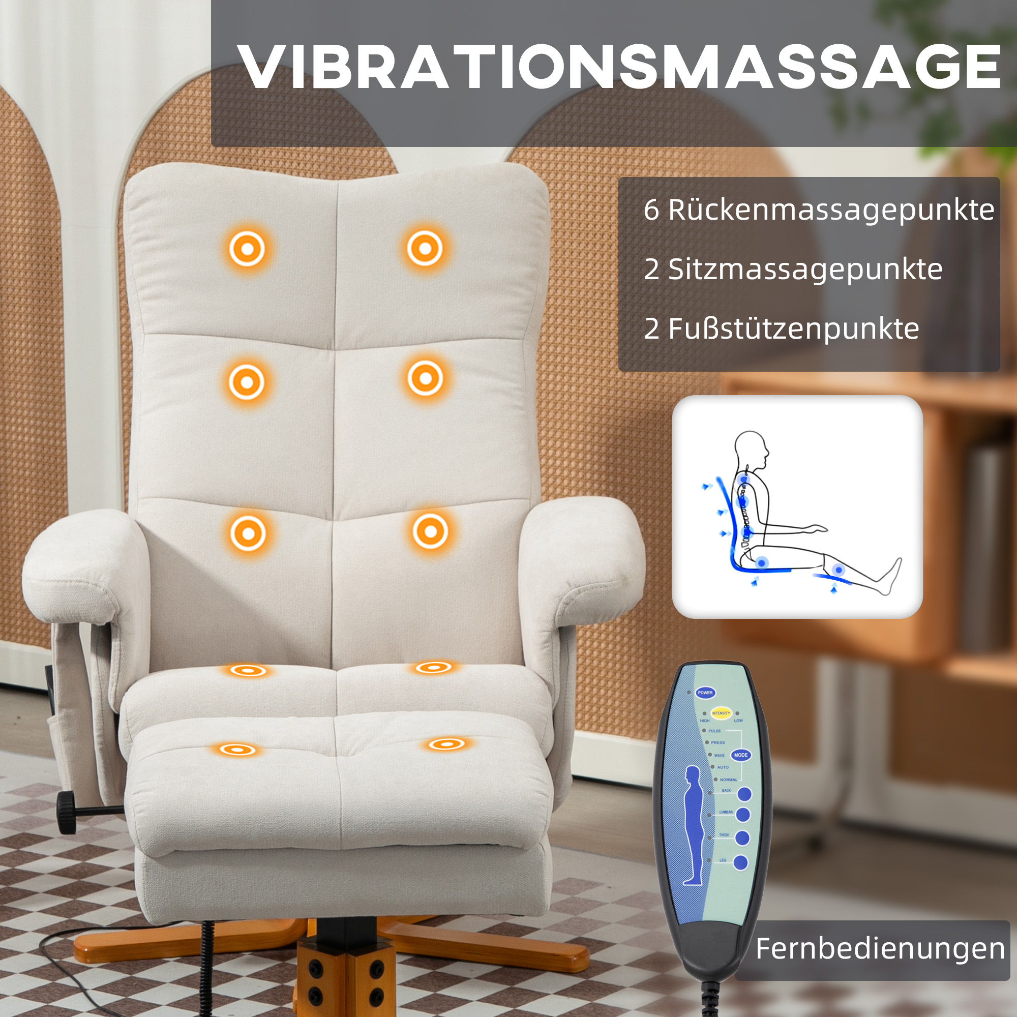 Massagesessel Mit Liegefunktion Und Fußhocker, 145°-Neigung, Polyester, 80 X 86 X 99 Cm, Cremeweiß