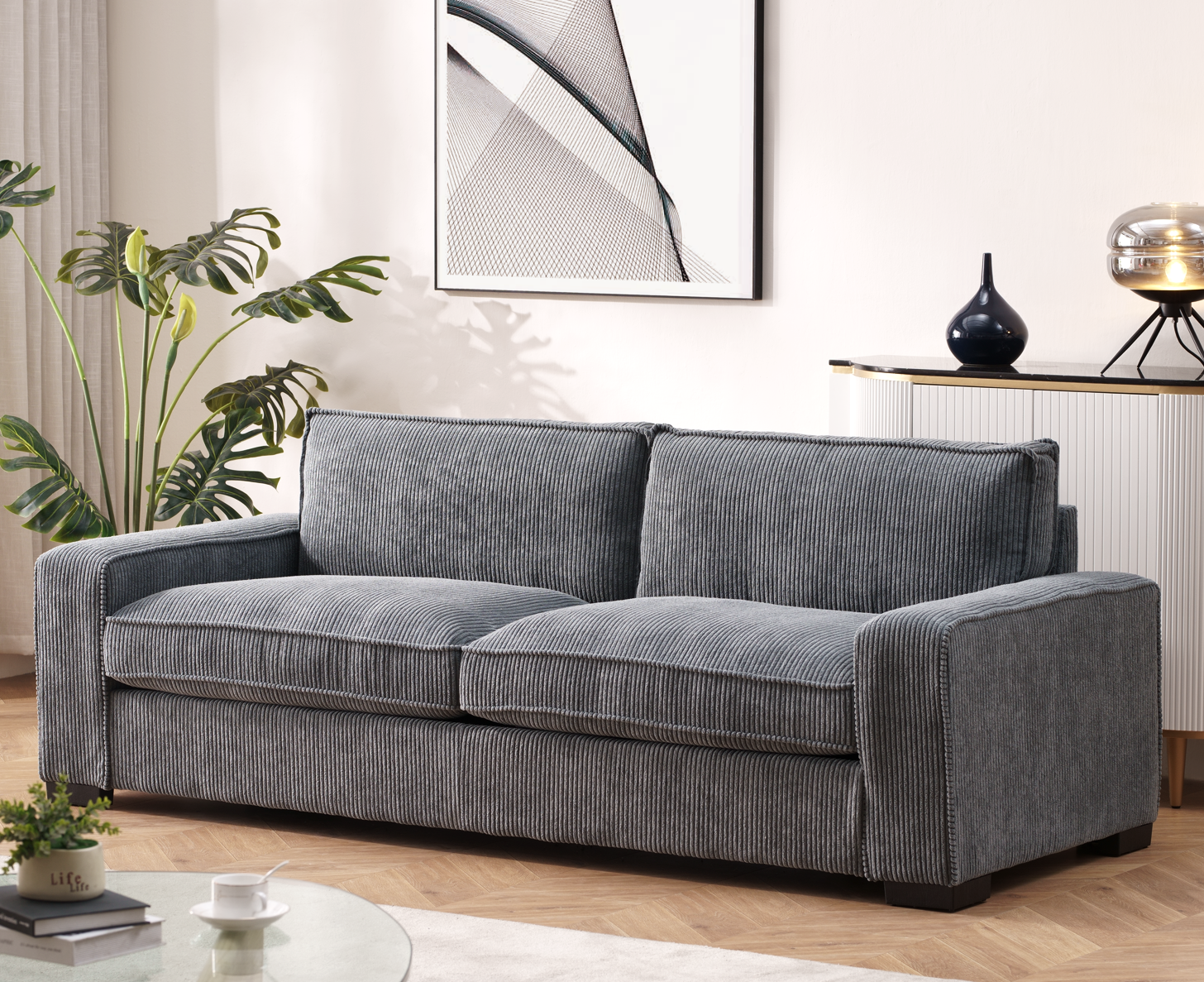 Luxe Corduroy Sofa With Sleek Design, Spacious And Comfortable 3 Seater Couch For Modern Living Room, Ideal For Entertainment And Cozy Moments, Large, Grey