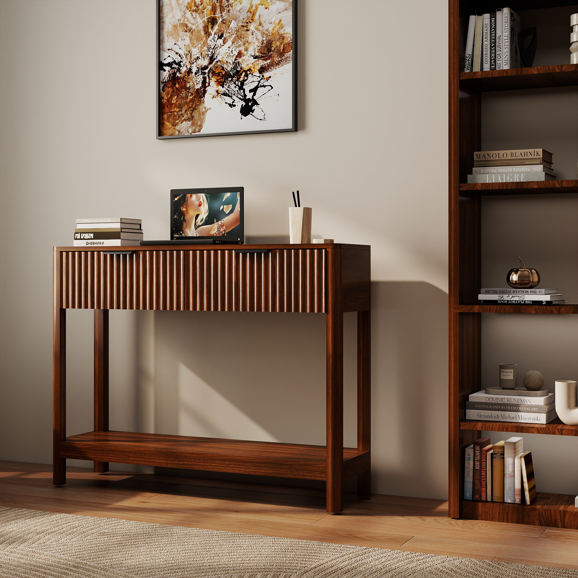 Mid-Century Modern Fluted Console Table With 2 Drawers & Open Shelf, Walnut Finish Narrow Entryway Table, Slim Sofa Table For Hallway, Living Room, Small Spaces, Easy Assembly