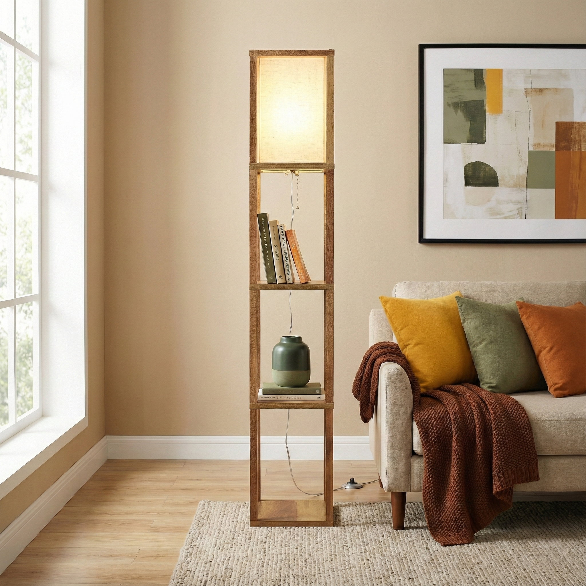 Pinnacle Shelf Floor Lamp For Bedroom Living Room, Natural Wood With Long Shade