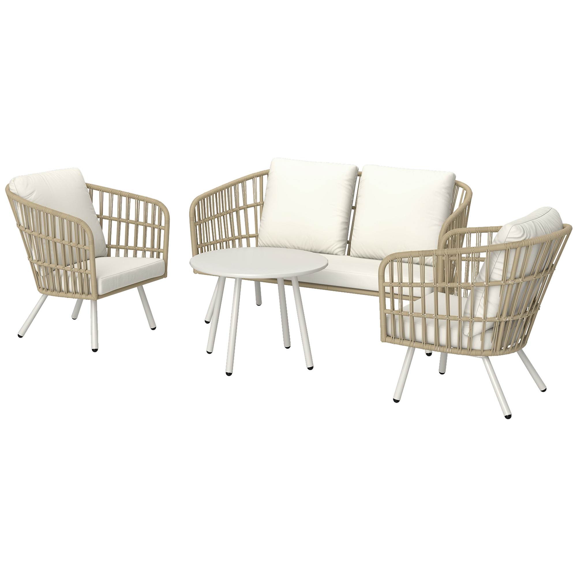 Gartenmöbel Set Aus Polyrattan Lounge-Set Mit 2er Sofa Sessel Tisch Kissen Wetterfest Für 4 Personen Khaki