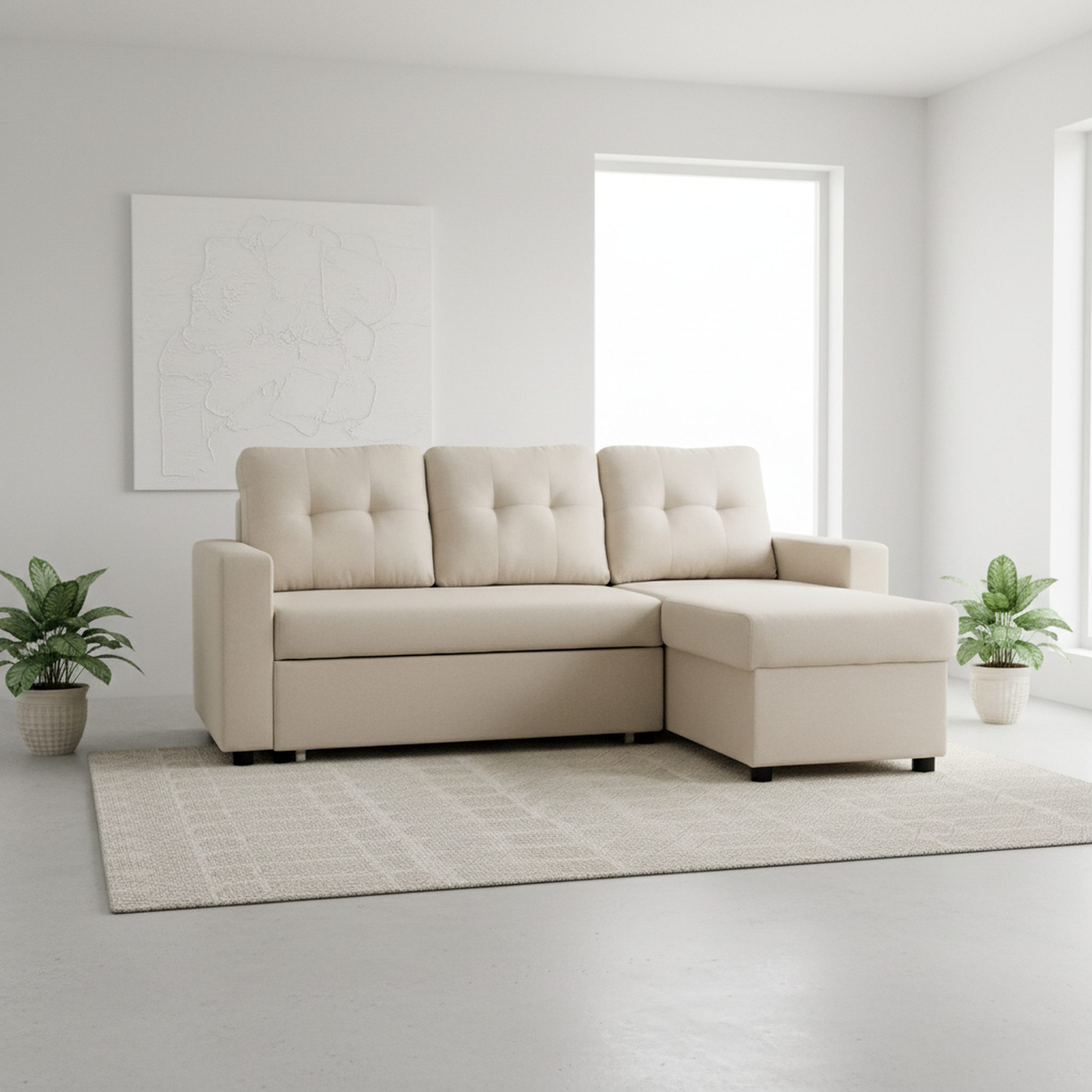 Convertible L-Shaped Sectional Sleeper Sofa Bed, Stylish Apartment Furniture, Saving Pull Out Couch For Small Spaces And Living Rooms, Beige