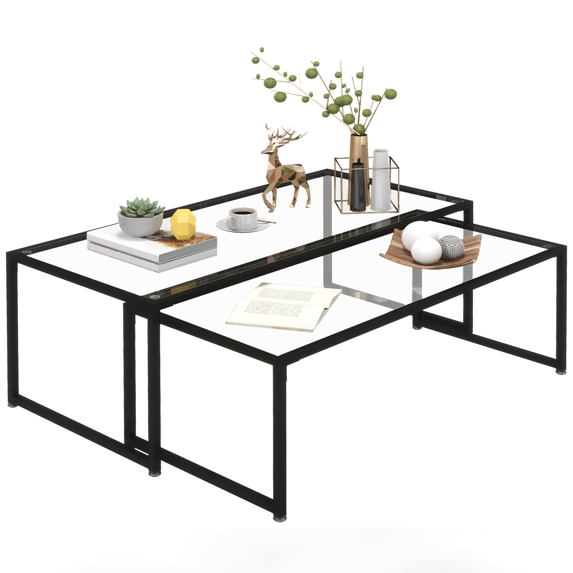 2er-Set Couchtische, Glastische, Mit Pulverbeschichtetem Stahl, Schwarz + Transparent