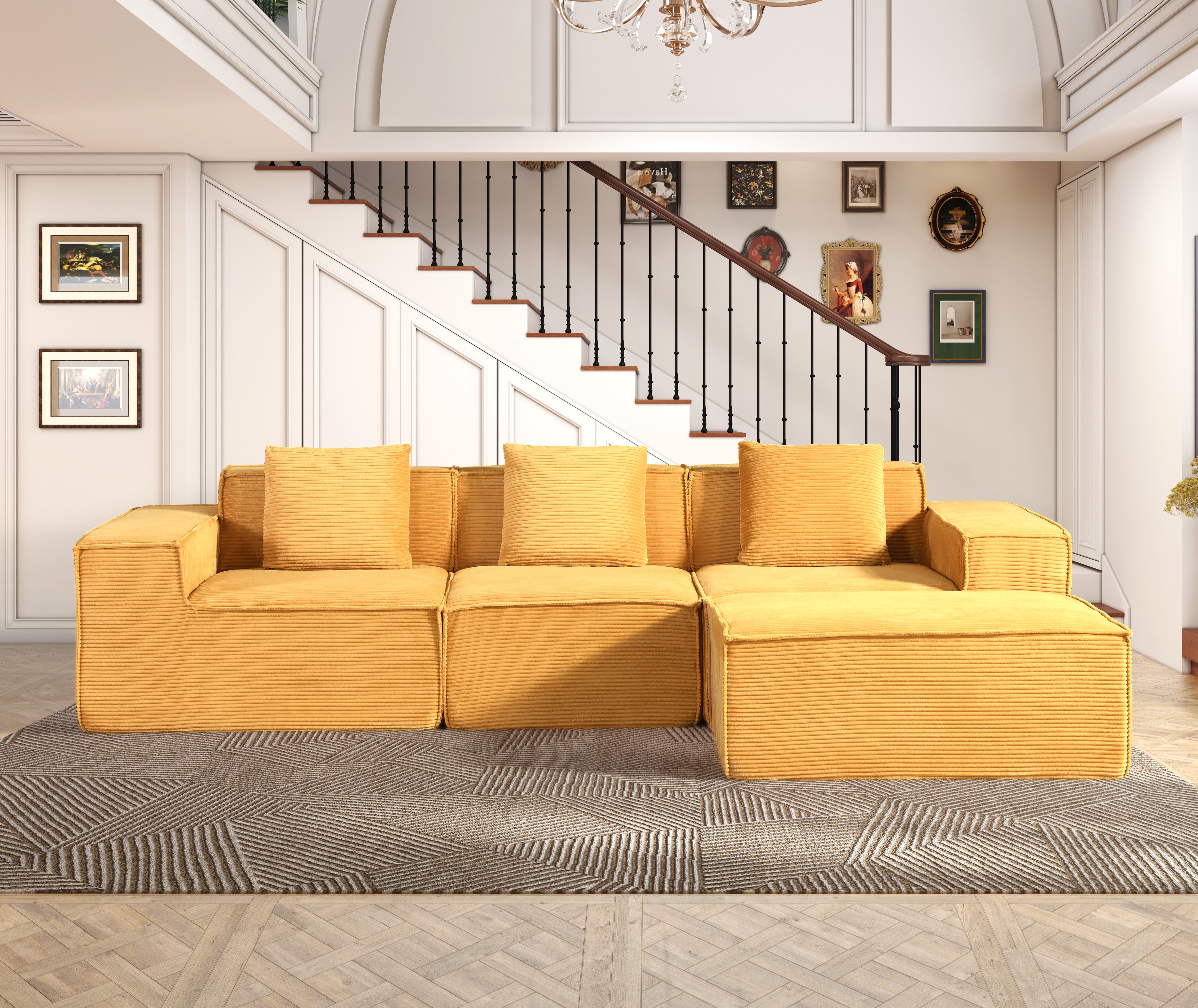 CozyForm Convertible Corduroy Sectional Couch With Ottoman & Pillows, Modular L Shaped Sleeper Sofa, Boneless Cloud Couch For Living Room Furniture, Ginge Yellow