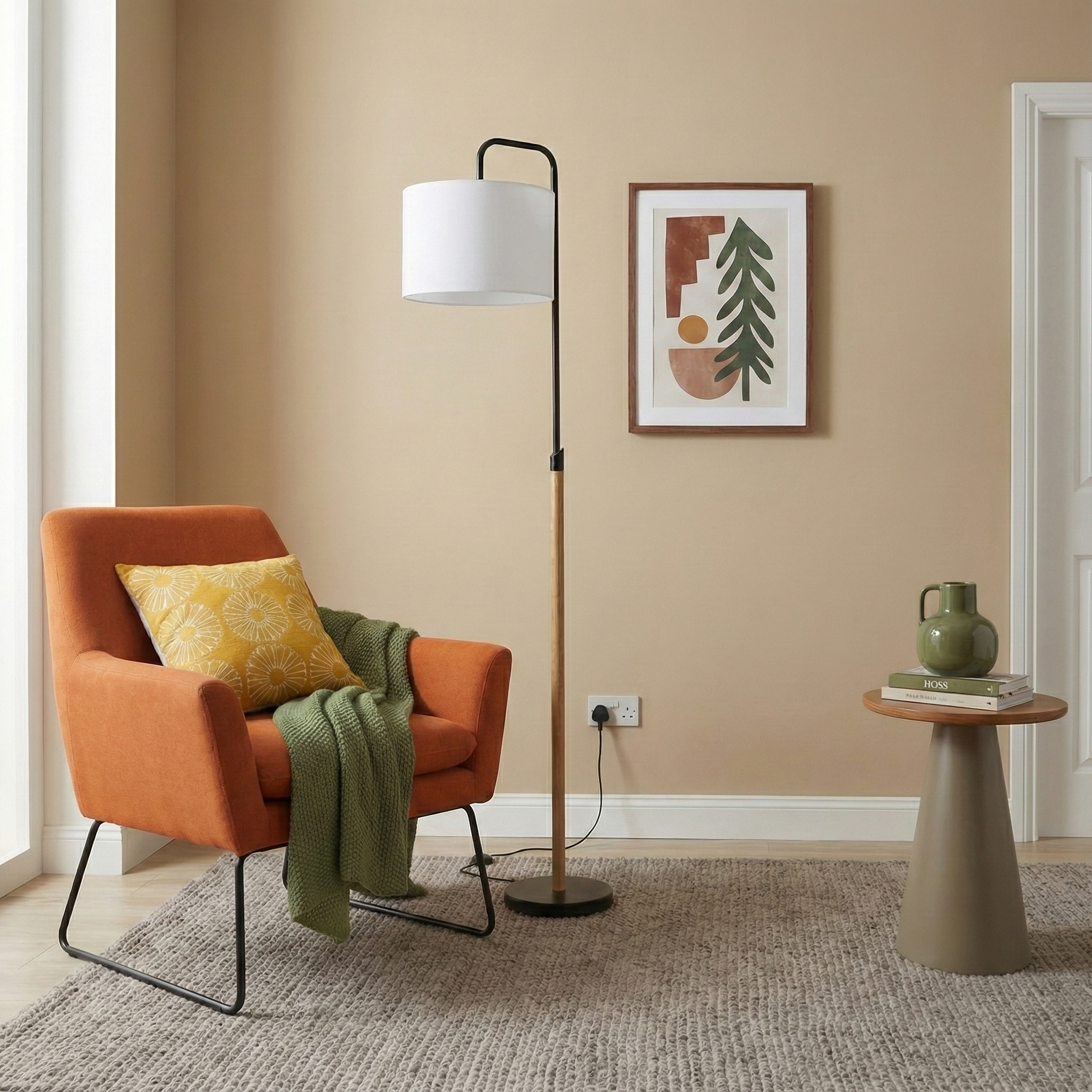 Floor Lamp With Cylinder Shade, Curved Standing Light For Living Room, Bedroom Reading Corner & Office Illumination, Lior Floor Lamp Wooden Pole 110V