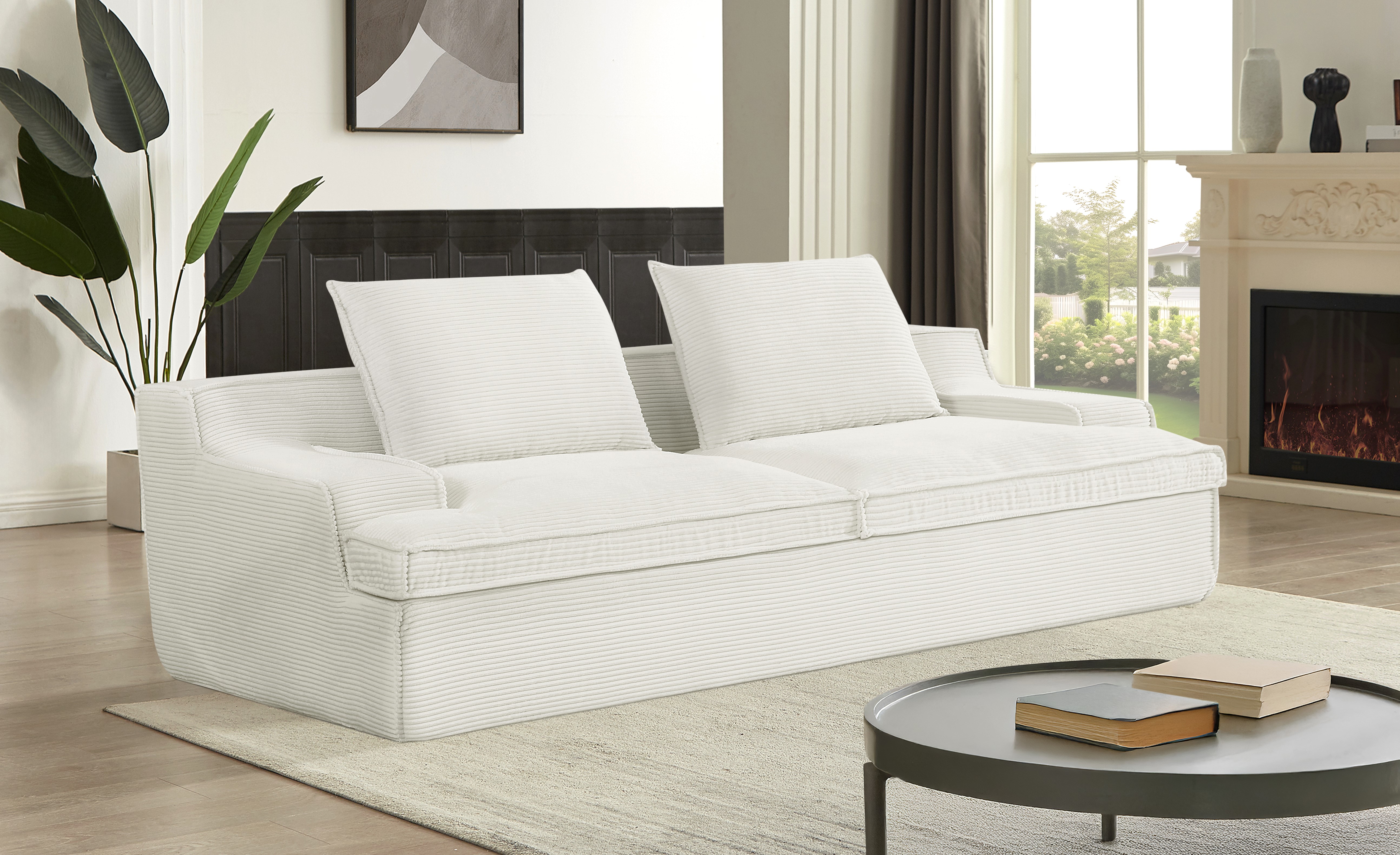 Nimbus Oversized Full Foam 4 Seater Couch For Living Room Upholstered In Soft Corduroy Fabric, Wide Armrests, Ergonomic Compressed Sofa In A Box, No Assembly, 90 Inch Wide, Ivory