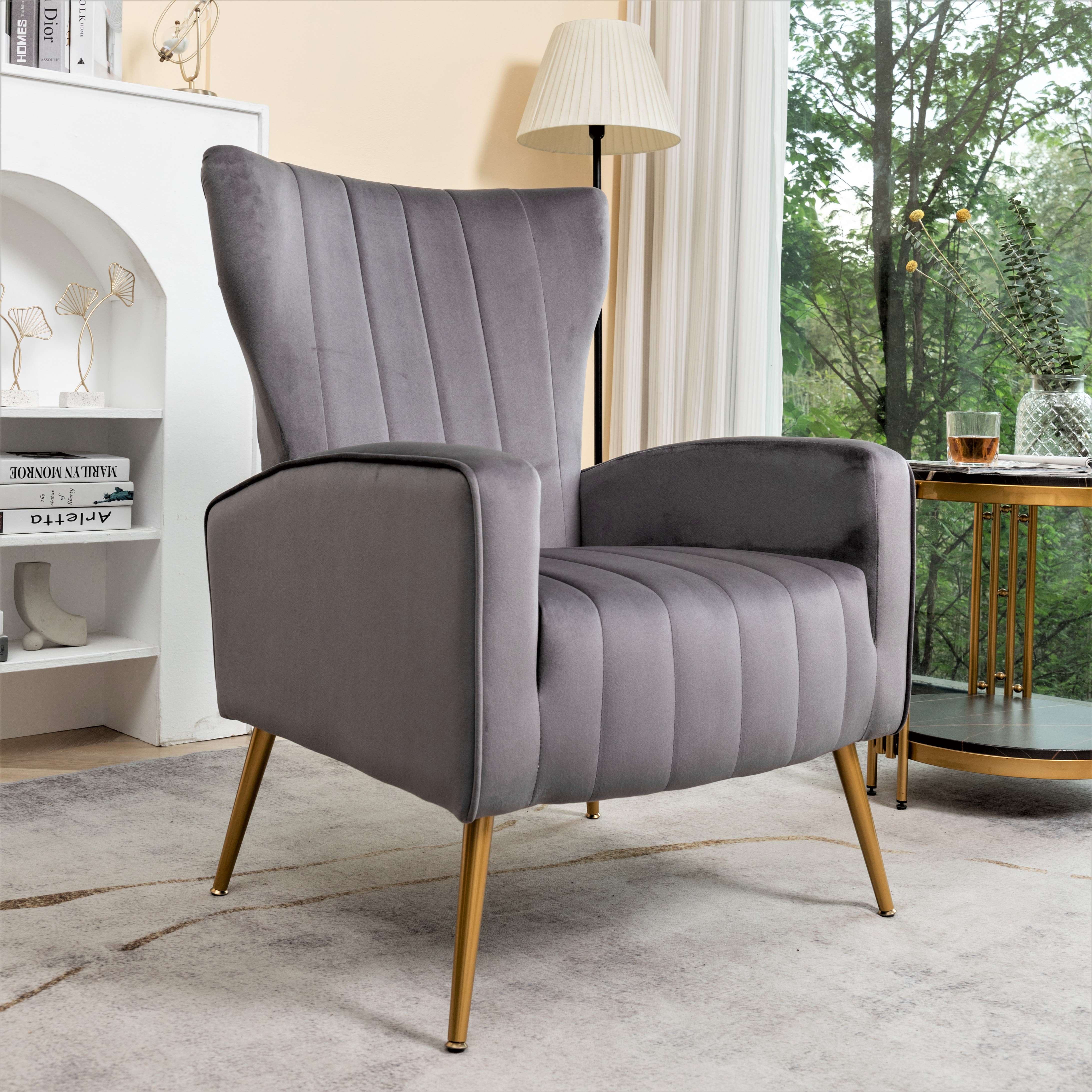Velvet Accent Chair With Metal Legs, Modern Upholstered Armchair, Wingback Side Chair For Living Room Bedroom Small Spaces
