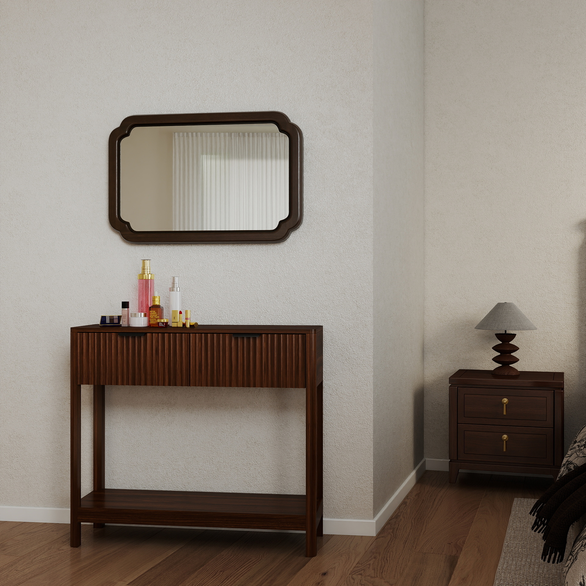 Mid-Century Modern Fluted Console Table With 2 Drawers & Open Shelf, Walnut Finish Narrow Entryway Table, Slim Sofa Table For Hallway, Living Room, Small Spaces, Easy Assembly