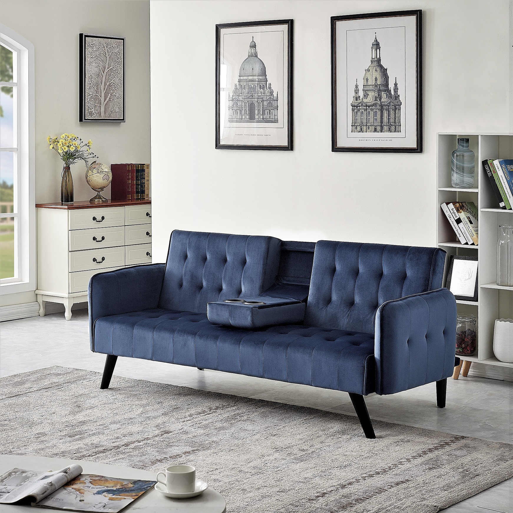 72   Velvet Convertible Sofa Bed With Cup Holders, Tufted Folding Futon Sleeper Couch, Mid-Century Modern 3 Seater For Small Spaces, 72   L X 34.6   D X 31   H, Dark Blue