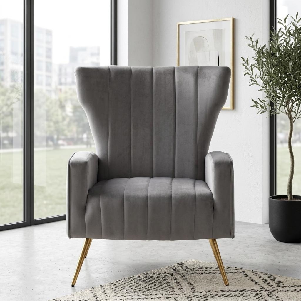 Velvet Accent Chair With Metal Legs, Modern Upholstered Armchair, Wingback Side Chair For Living Room Bedroom Small Spaces