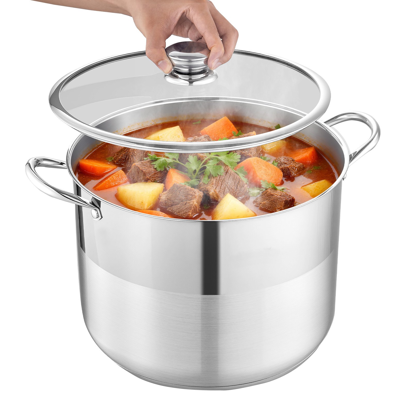 Stainless Steel Stock Pot, 16-Quart Stainless Steel Stockpot With Glass Lid, PFOA-Free, PFAS-Free, Compatible With Gas Stoves, Induction Cooktops, Electric Stoves, For Soups, Stews, And Pasta