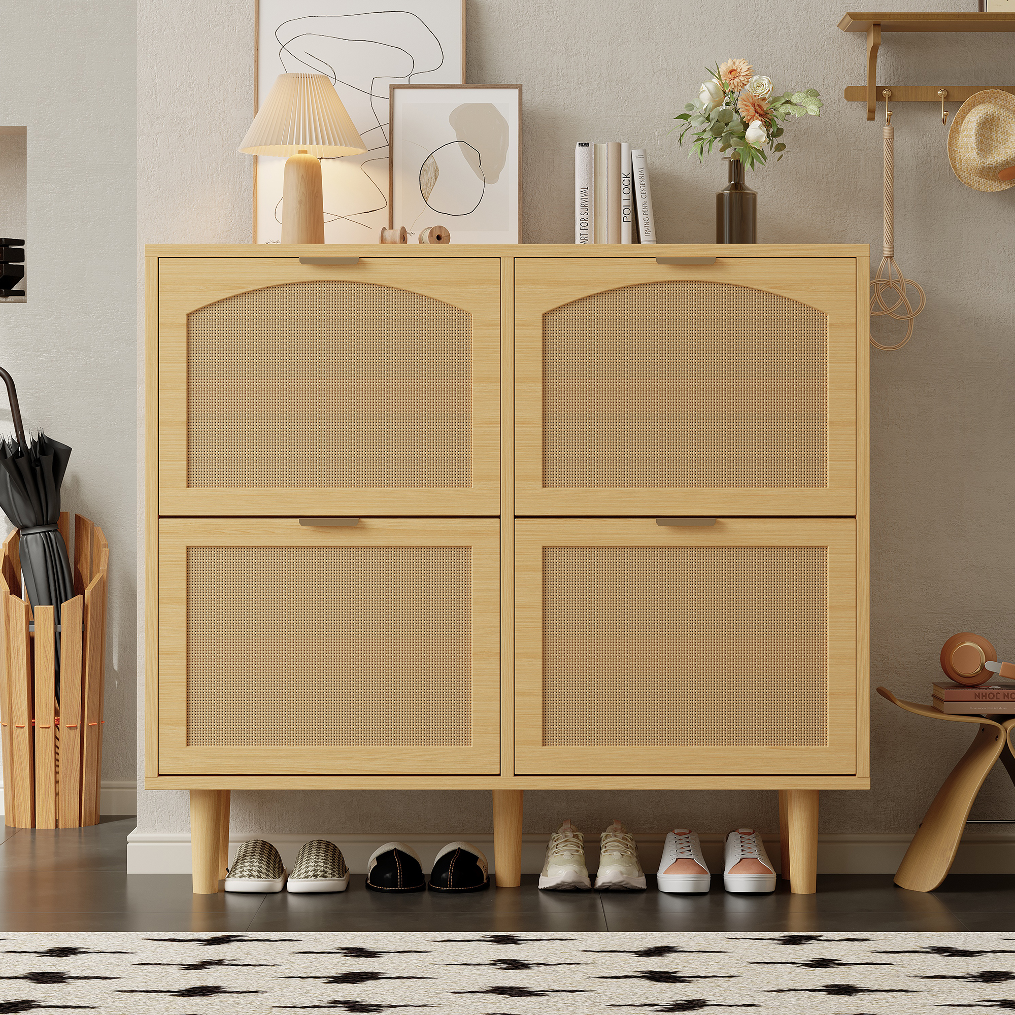 4-Drawer Narrow Rattan Shoe Cabinet, Farmhouse Slim Shoe Storage Cabinet, Space-Saving Storage For 16   Pairs, 10 0 X 25 X 90 Cm, Light Oak