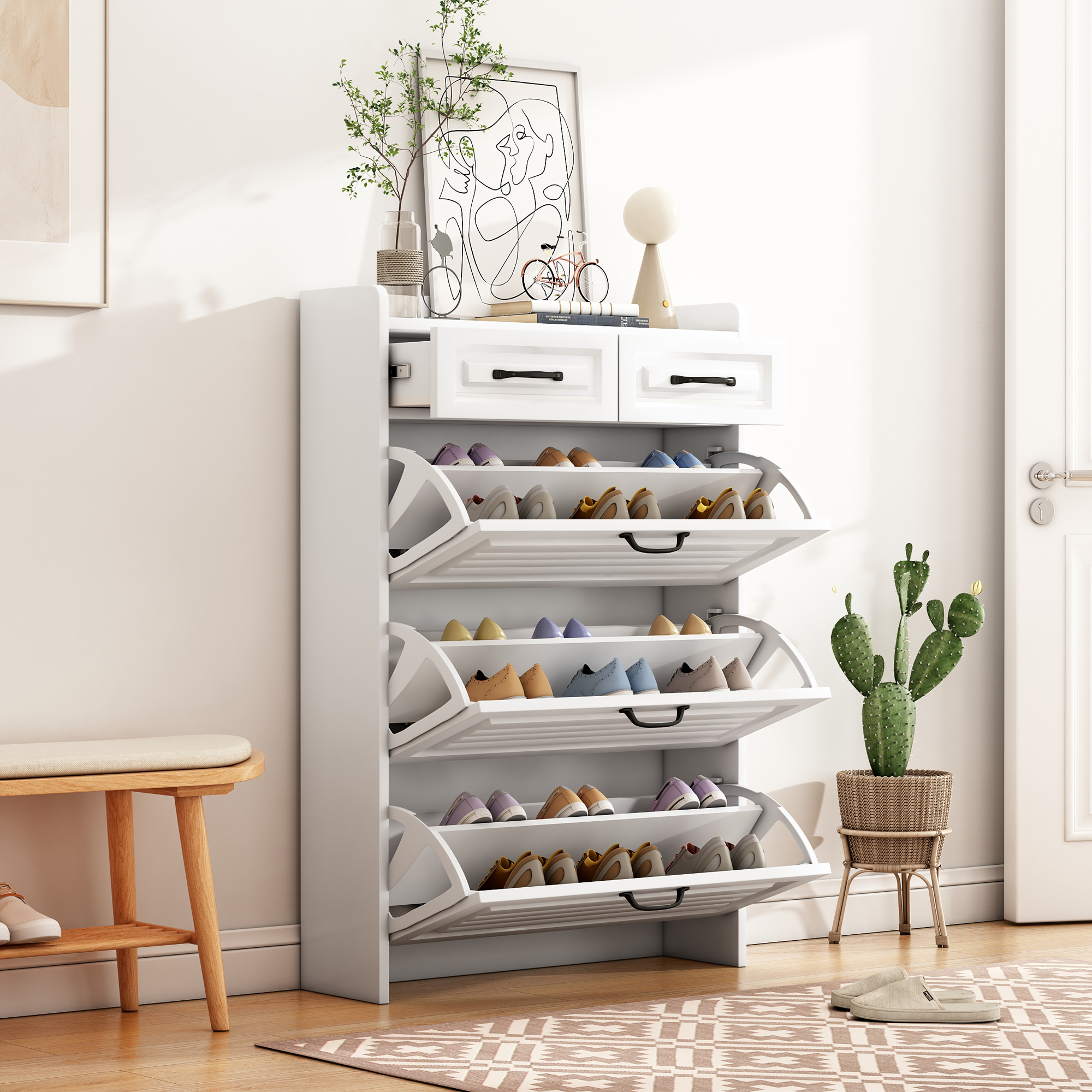 Shoe Organizer Storage Cabinet, With 3 Flip Louvered Doors & 2 Drawers, Narrow — image 2