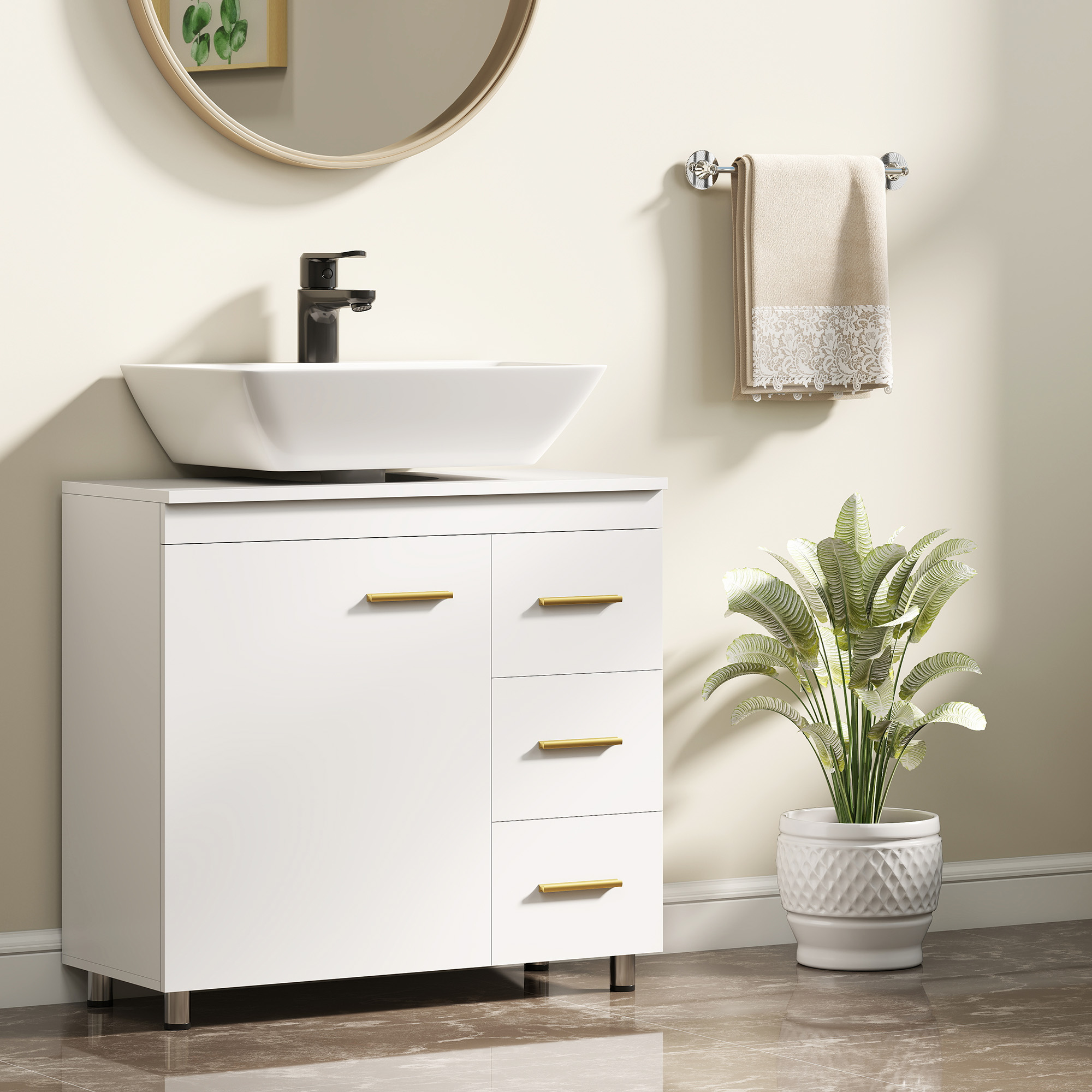 Badezimmer-Unterschrank, 3-stufiges Design, MDF, Spanplatte, Weiß