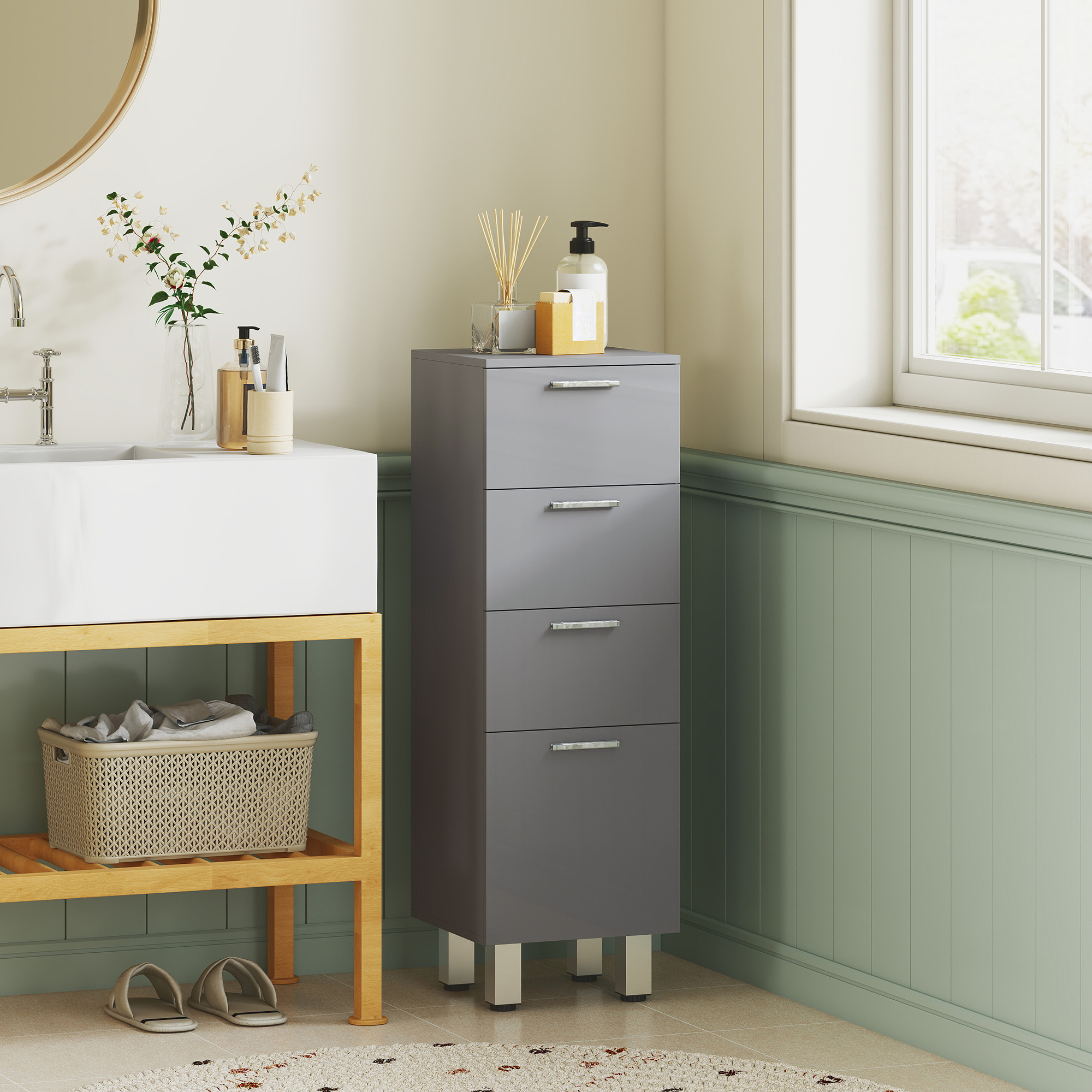 Badezimmerschrank, Badschrank, 4 Schubladen, Spanplatte, Glatt, Grau