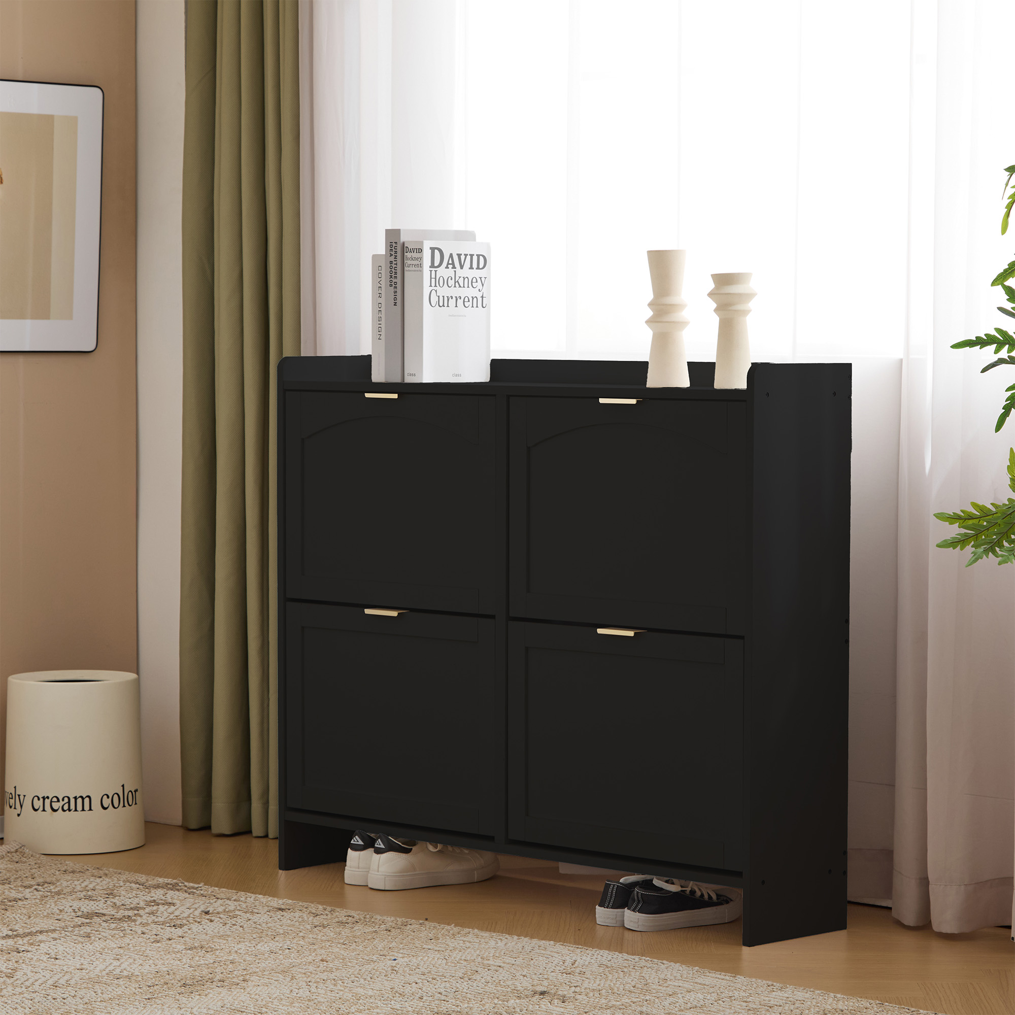 Modern Shoe Cabinet With 4 Flip Drawers, Freestanding Rack Open Shelves — image 2