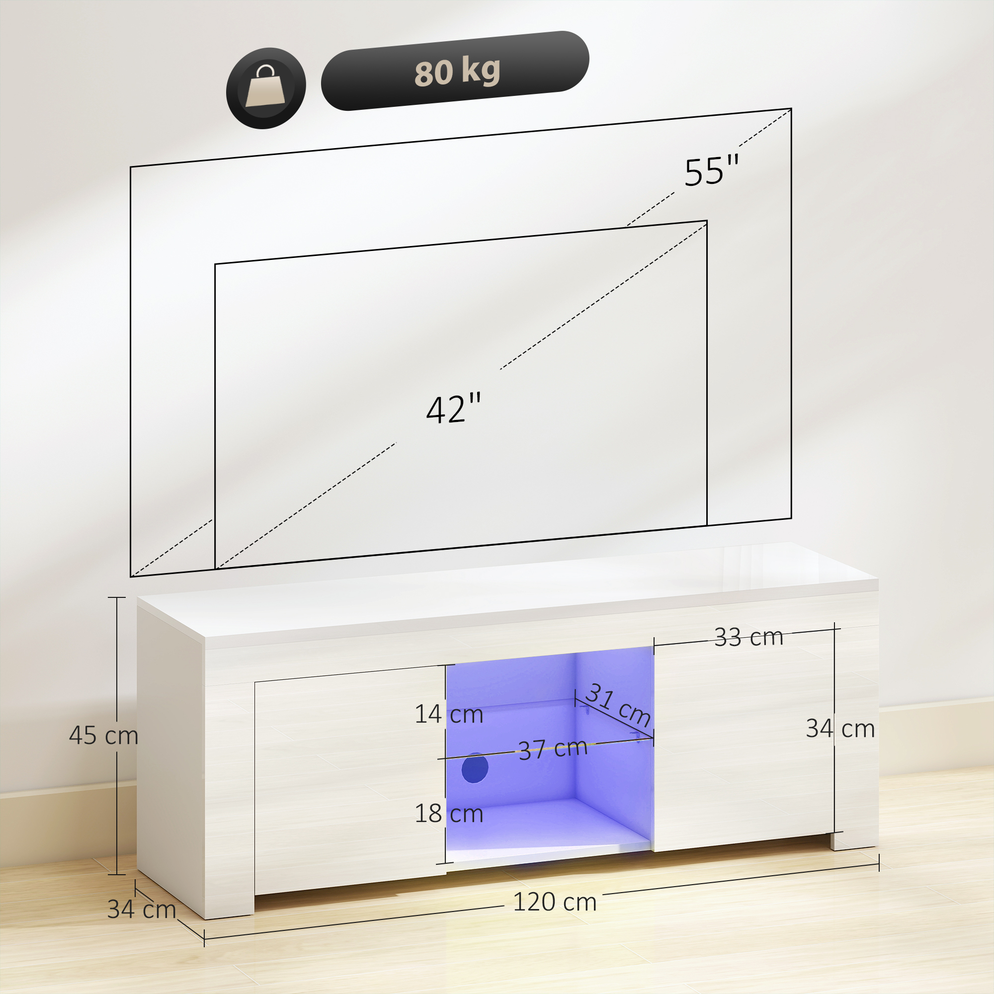 TV-Schrank Mit LED-Beleuchtung, 2 Schranktüren, Glasregal, Kabellöcher, Für Wohnzimmer, Spanplatte, Weiß