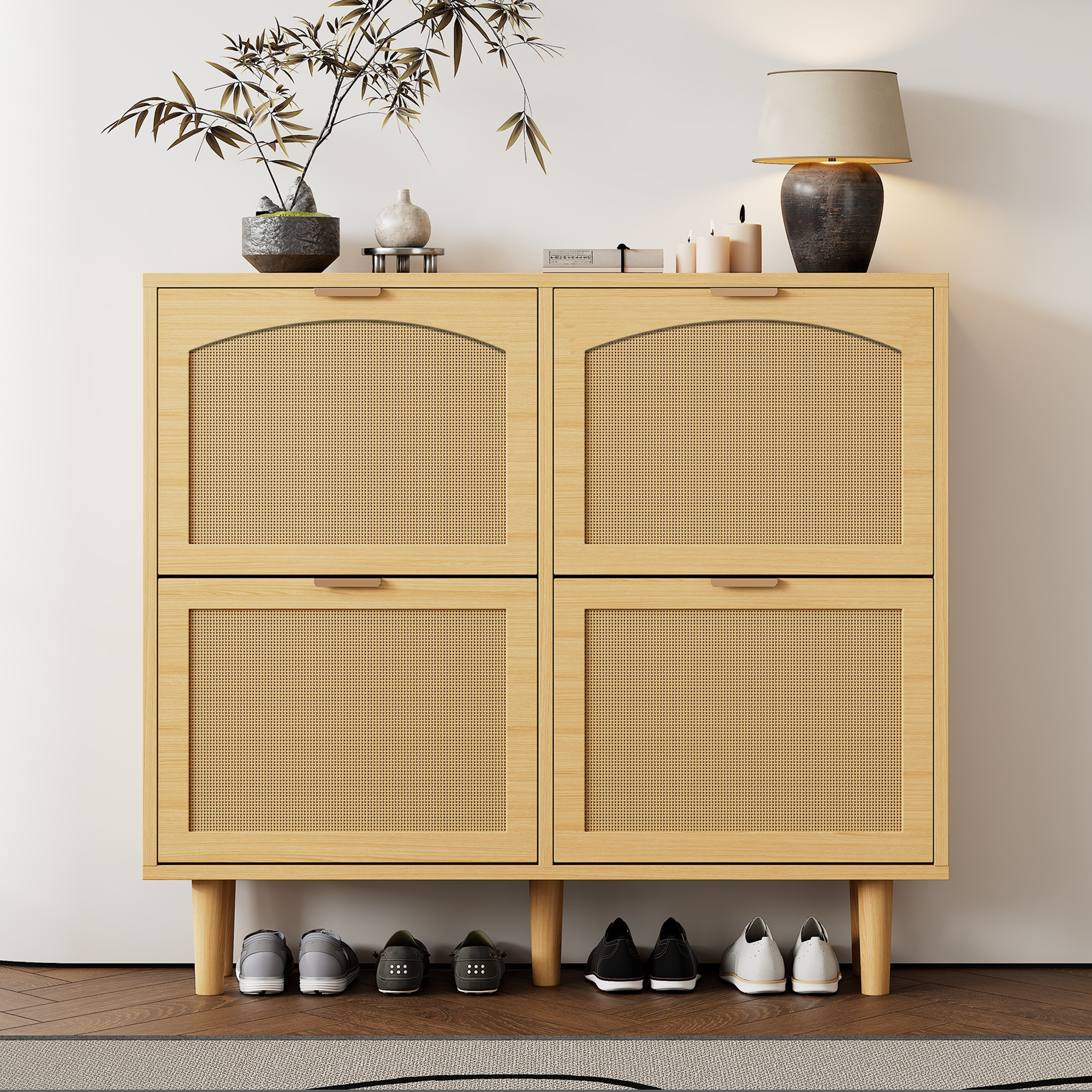 4-Drawer Narrow Rattan Shoe Cabinet, Farmhouse Slim Shoe Storage Cabinet, Space-Saving Storage For 16   Pairs, 10 0 X 25 X 90 Cm, Light Oak