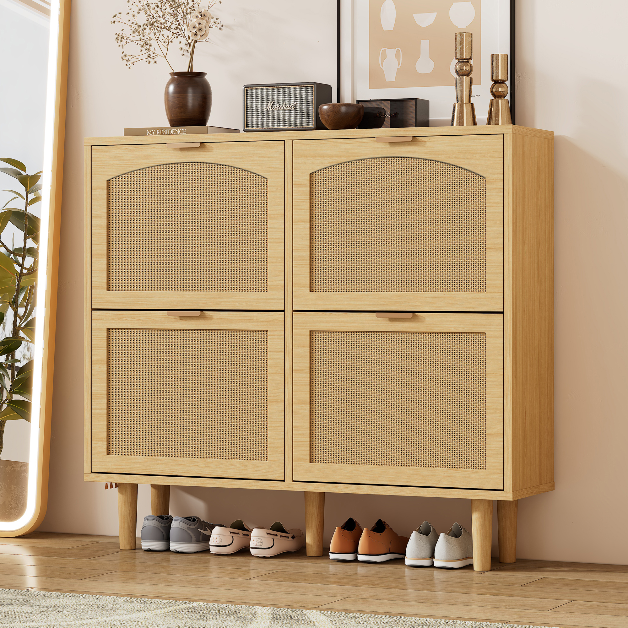 4-Drawer Narrow Rattan Shoe Cabinet, Farmhouse Slim Shoe Storage Cabinet, Space-Saving Storage For 16   Pairs, 10 0 X 25 X 90 Cm, Light Oak