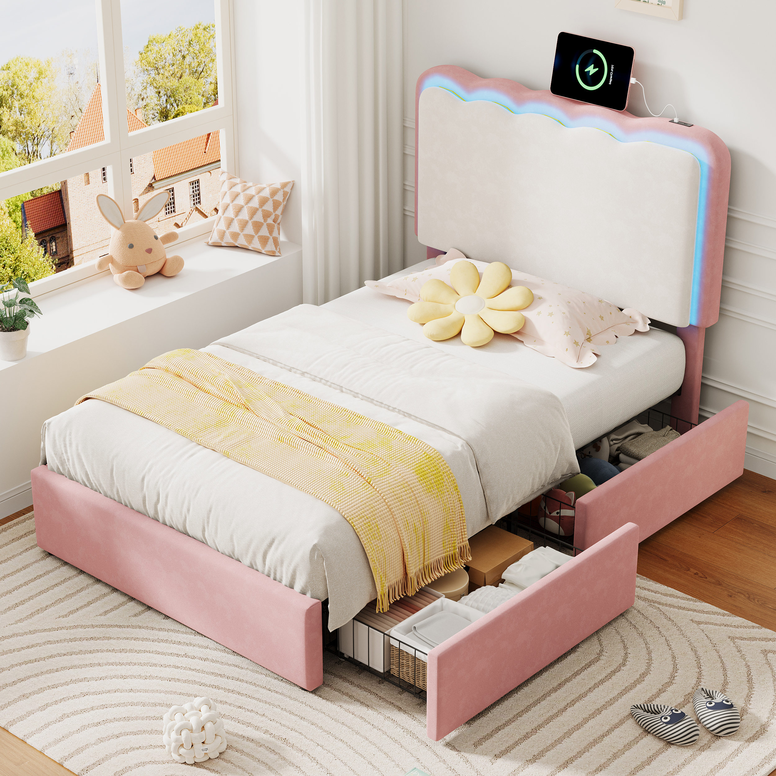 3ft Single Upholstered Bed With Adjustable LED Wavy Headboard, Soft Velvet Bed Frame With 2 Storage Drawers, Bed Frame With Solid Wood Slat, Easy Assembly,  Cream White   No Mattress