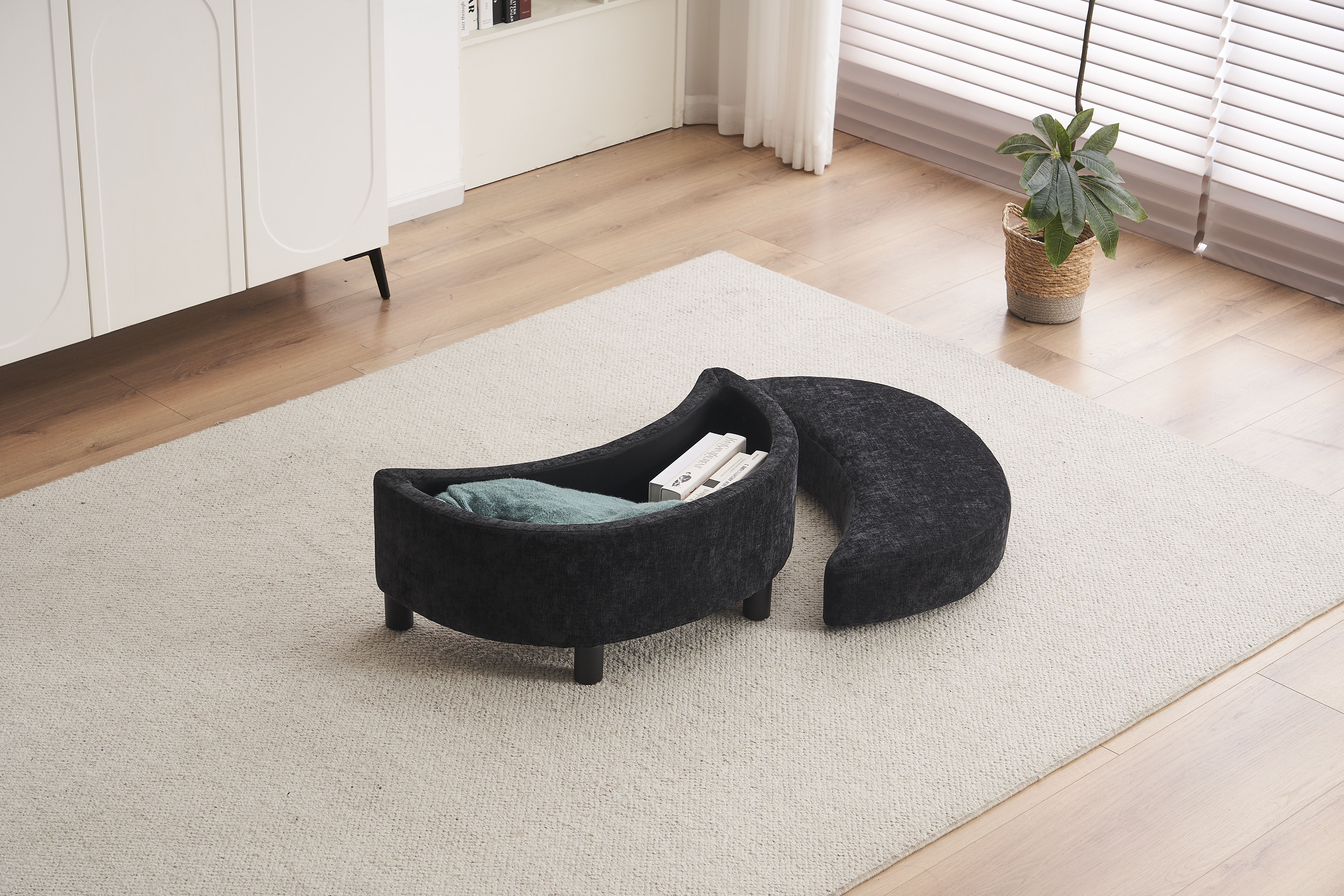 Chenille Swivel Armchair With 3 Back Cushion Pillow Ottoman Crescent Stool, Black