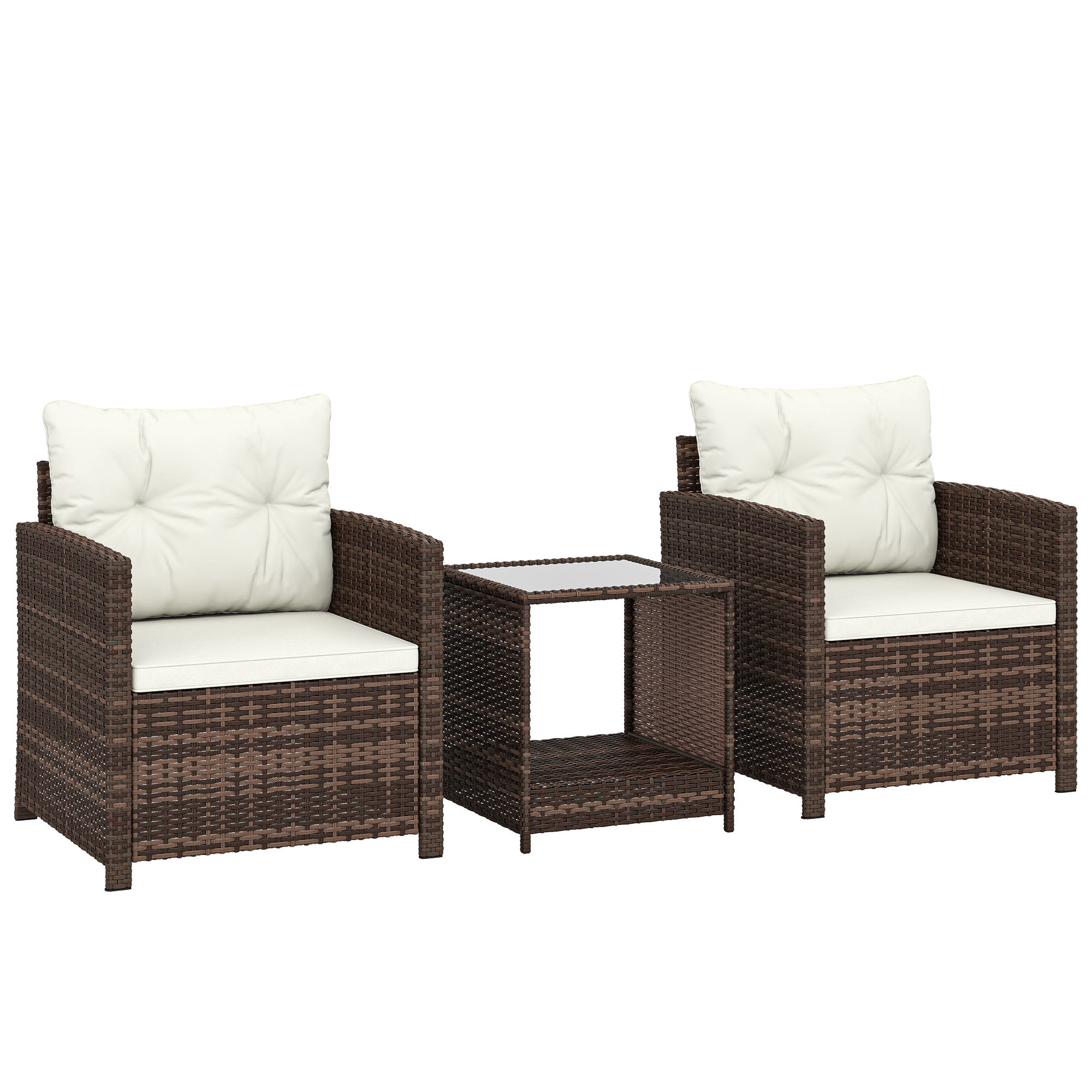 Rattan Bistroset, 3 Teiliges Gartenmöbel-Set Mit 2 Sessel, 2-Ebene Glastisch, Abnehmbar Sitzkissen Cremeweiß