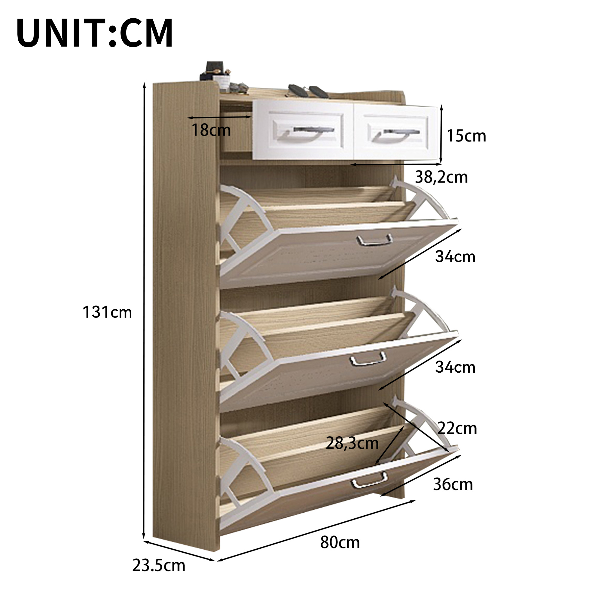 Shoe Organizer Storage Cabinet, With 3 Flip Louvered Doors & 2 Drawers, Narrow — image 4