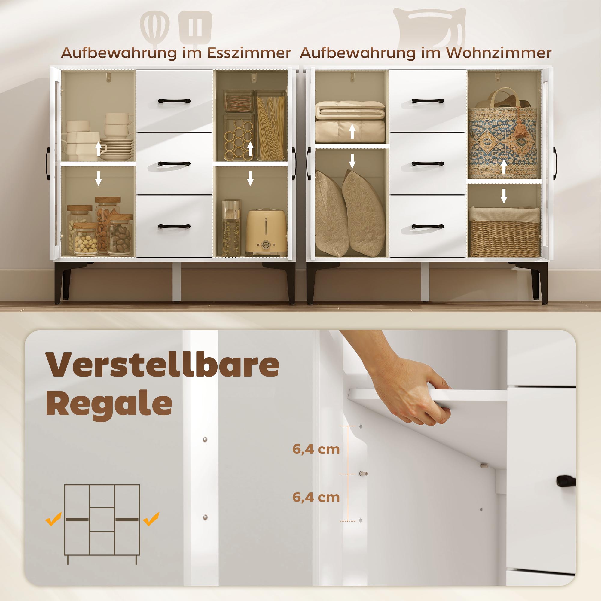 Modernes Sideboard Mit Soft-Close-Türen, Buffetschrank Mit 3 Schubladen, 2 Glastüren, Verstellbare Regale, MDF, Weiß