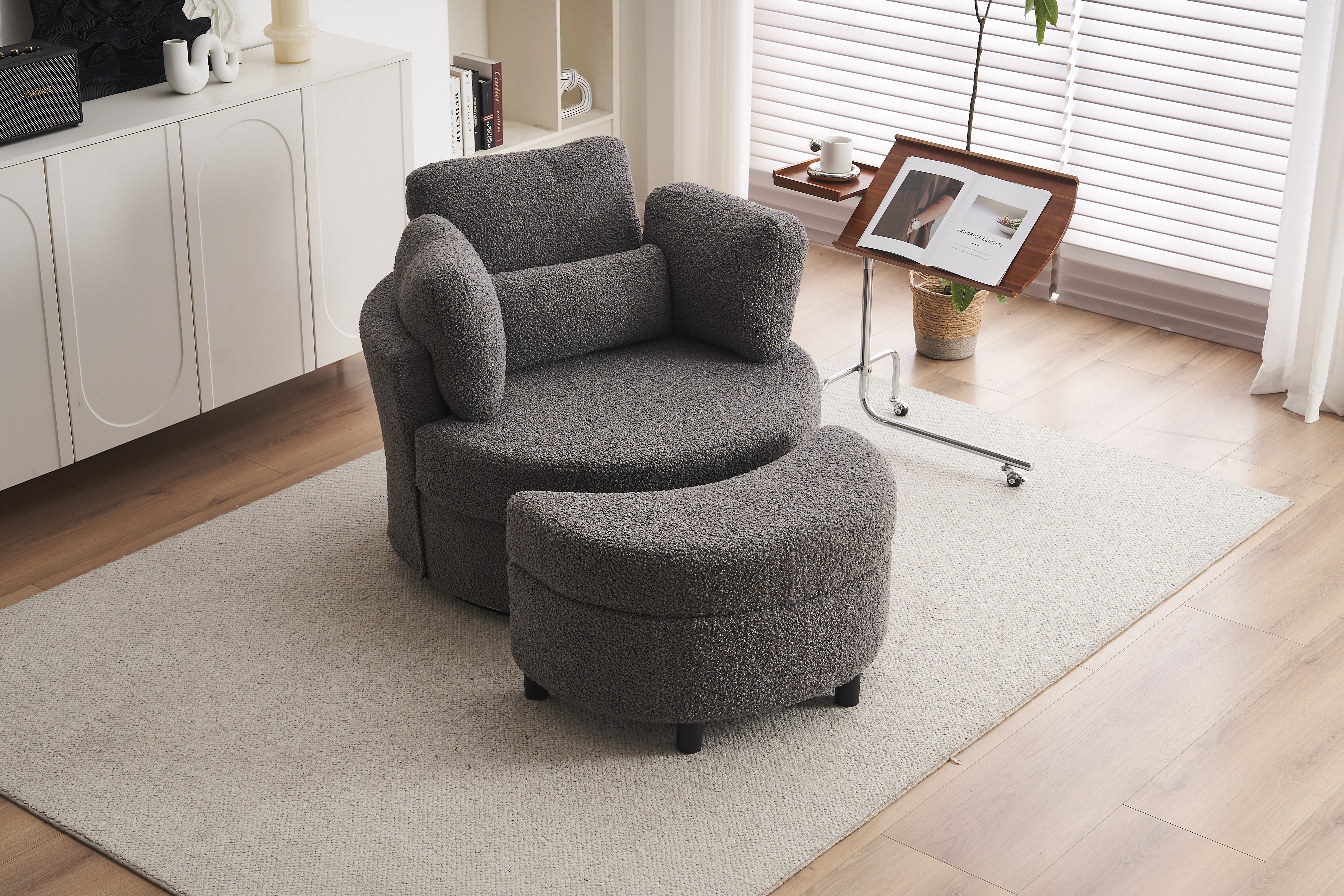 Teddy Swivel Armchair With 3 Back Cushion Pillow Ottoman Crescent Stool, Medium Grey